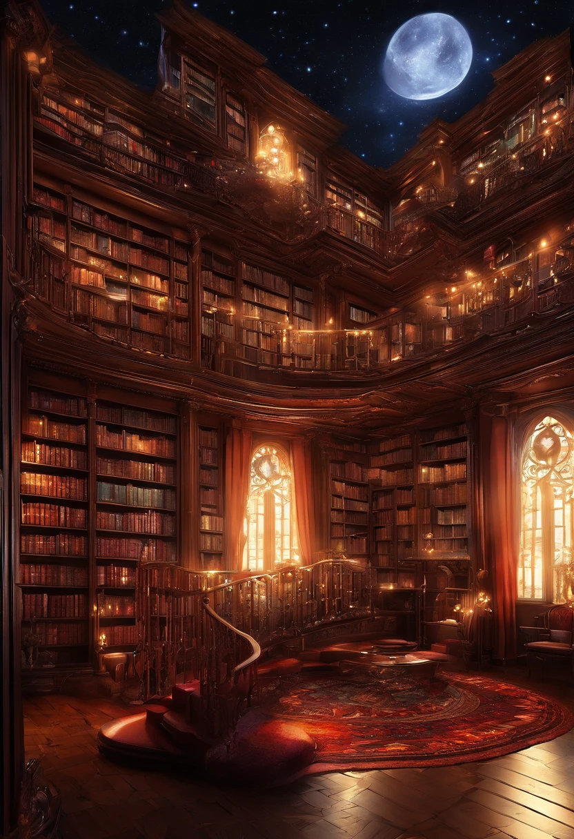 Night Library、stairwell、3 floors、Elevated windows、Retro interior、Moonlight illuminates the room、Fantastical、Wall-to-wall bookshelves、Fantastical、top-quality、masterpiece、detaileds