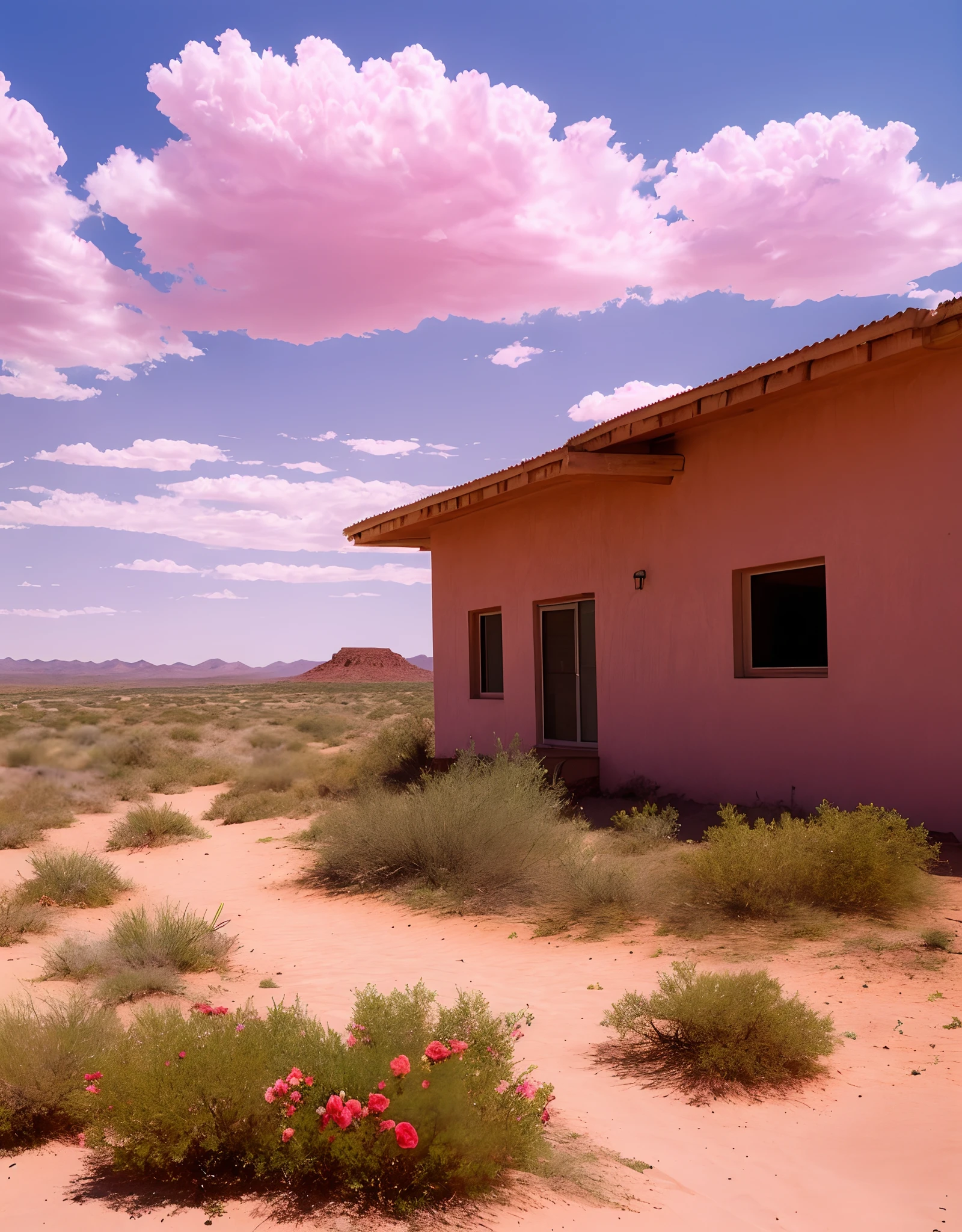 Summer, A desert, ((No house)), Pink clouds, Land overgrown with roses, James Gurney, art station rendering, ultra wide lens, High Definition