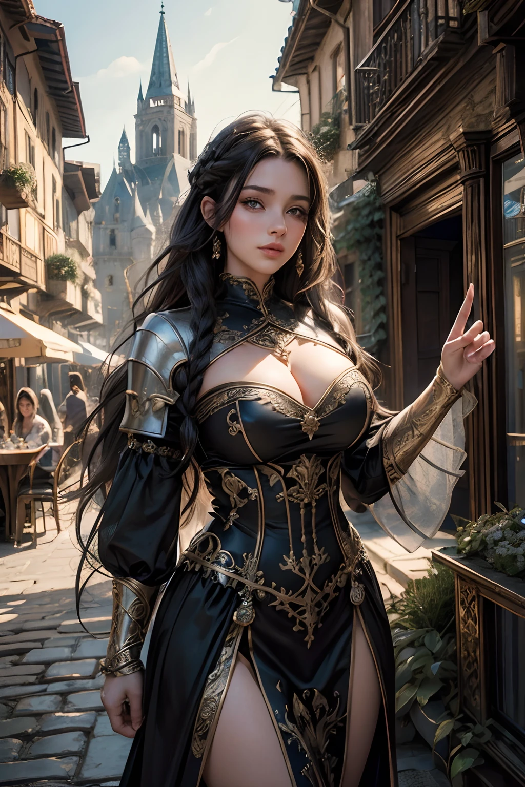 (best quality,highres),girl,medieval city dress,intricate braided hairstyle,black hair,big breasts,beautiful face,detailed eyes,detailed lips,extremely detailed eyes and face,long eyelashes,curvy body,fair skin,confident expression,standing pose,romantic background,dusk lighting,soft colors,vibrant atmosphere,enchanted feeling,impressive architecture,gothic buildings,narrow cobblestone streets,flowing banners,ornate balconies,ivy-covered walls,bustling marketplace,floral decorations,ornamental gates,medieval charm,lively crowd,authentic costumes,attention to historical accuracy,regal atmosphere,majestic spires,grand towers,distant mountains,serene river winding through the city,reflections shimmering on the water,mysterious alleyways,whispering secrets,hidden treasures,romantic rendezvous,storybook setting.