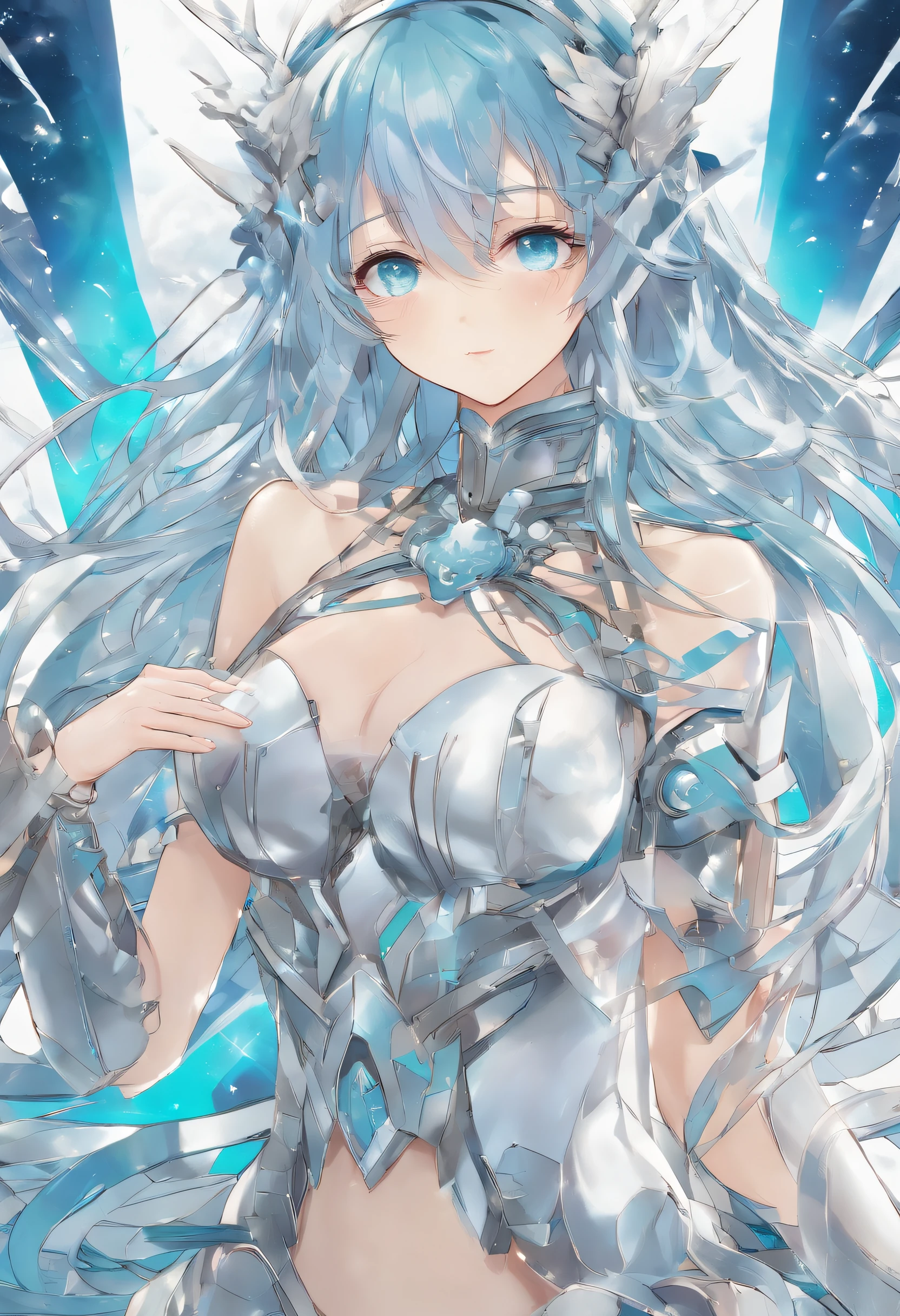 Masterpiece, high-resolution, HD, realism, close up portrait, up body, beautiful girl. 1girl. Young woman about 20 years old. Beautiful face. Delicate face. Detailed face. Beautiful face. Determinate expression. Big turquoise eyes. Silver armor, Intricate armor, Detailed silver armor. Medium breasts. Helmet. Long light blue hair. Straight hair. Long hair. Bands. Light blue hair flying in the air. Energy laughing from hands. Powerful. Dynamic. Cosmic background. ((no extra hand), (no extra fingers).