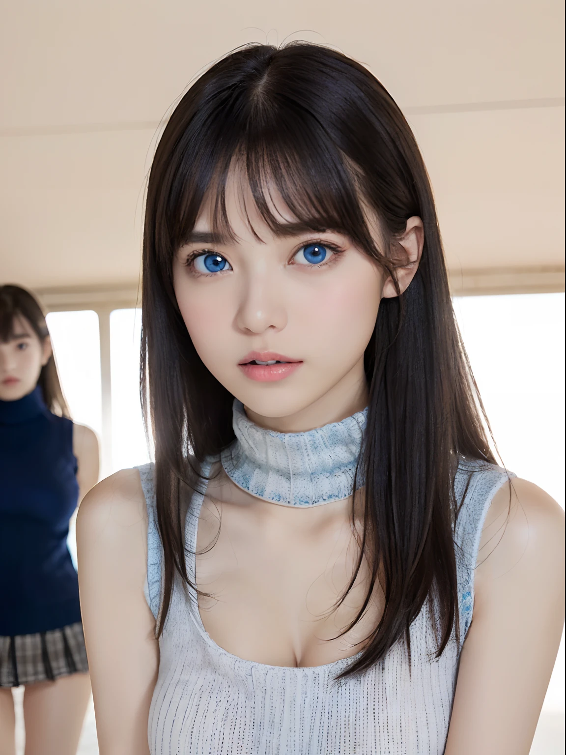 two American woman, (((Shot from a low place:1.7), simple gradation background:1.4)), (masutepiece, Best Quality, (Realistic, Super Real, Super Reality:1.5), (Photography)), ((2girls, duo:1.8)), (Neat and innocent personality, Gentle atmosphere:1.4), ((white color hair, (Straight very long moist hair):1.5)), (Smile:0.9), (eyes gentle), (Looking at Viewer, cinemagraph), BREAK (((Perfect beauty, Very porcelain skin, Very fair skin, Quality and beautiful skin:1.5)), Super Smart, (Faces with random and very beautiful details:1.4), (Symmetrical beautiful face, symmetrical beautiful eyes, (blue color eyes:1.2), Fine Eyes Detail, Fine face:1.3), (Large eyes, Hyper Detail Eyes, Very clear eyes:1.4), ((2females:1.4)), up of face, Slender face、Smart face, light brown hair, Blunt bangs, hair behind ear, hair over shoulder, Long hair, slender body shape, Ultra Fine Face, Thin face, Delicate lips, Keep your mouth shut, Beautiful eyes, thin blush, eyes are light brown, perfect glossy skin, flawless skin, View here, Ultra-thin hands, Ultra-fine fingers:realisitic:1.5), One-person viewpoint, Fuji Film, 8K, masutepiece, nffsw, Super Detail, High quality, Best Quality, hight resolution, ((Don't show your fingertips))、the golden hour Beautiful light, (((Schoolgirl Uniform)))、((White Short Sleeve Low Cut (Sleeveless Tight Turtleneck Fabric Thin Summer Knit:1.4)))、((Micro Mini Dark Blue Hot Pants))、 ((Very large breasts, firm breasts:1.7)、((Slender body、A slender)))、 (((Positive image:1.3)))、