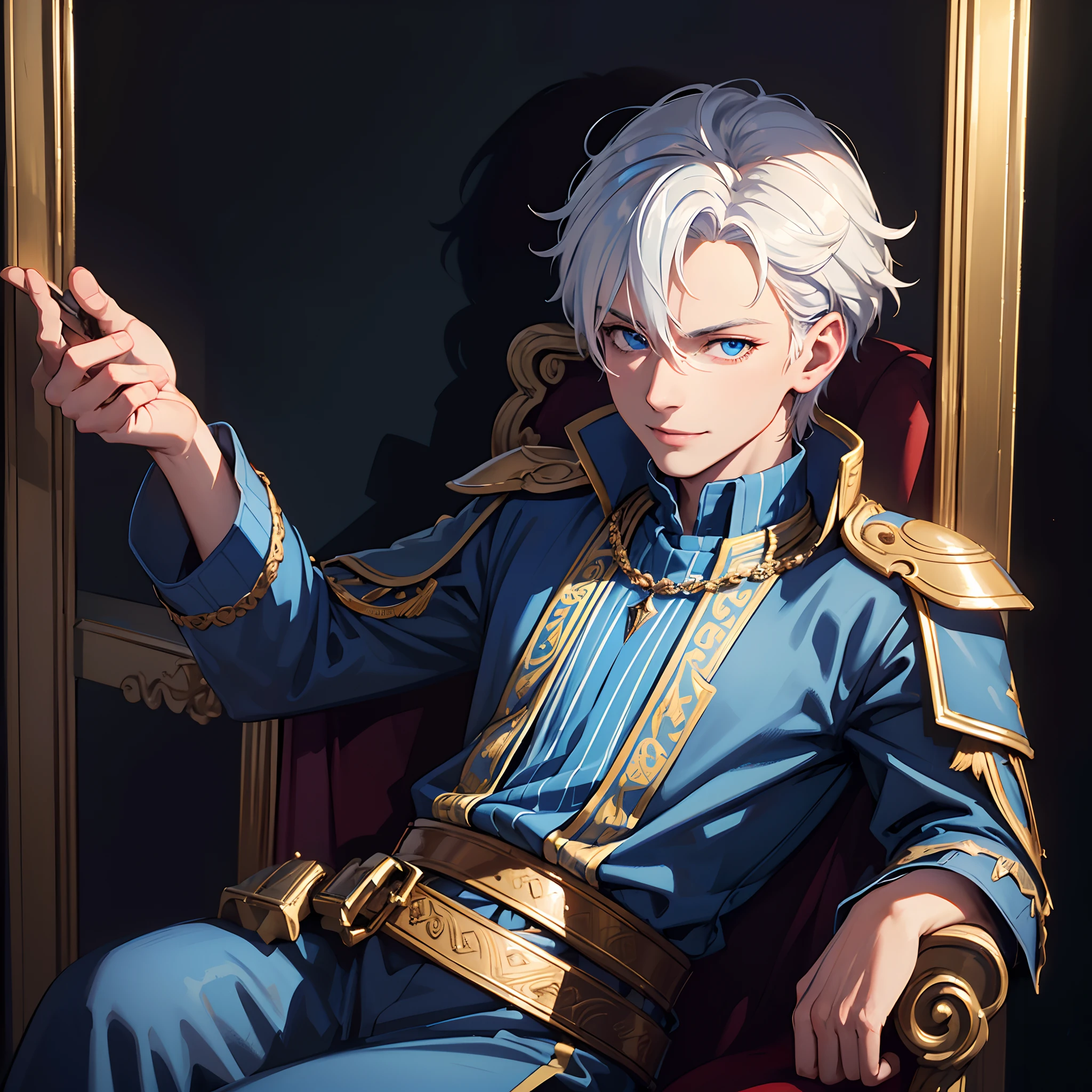 (best quality,highres,ultra-detailed,realistic),young man,blue eyes,short white hair,hold crown in your hand,badass,sit in throne relaxed,smile ironic,clothes normal adventure,dark atmosphere,traditional oil painting style,strong shadows,and dramatic lighting,sharp focus,vivid colors
