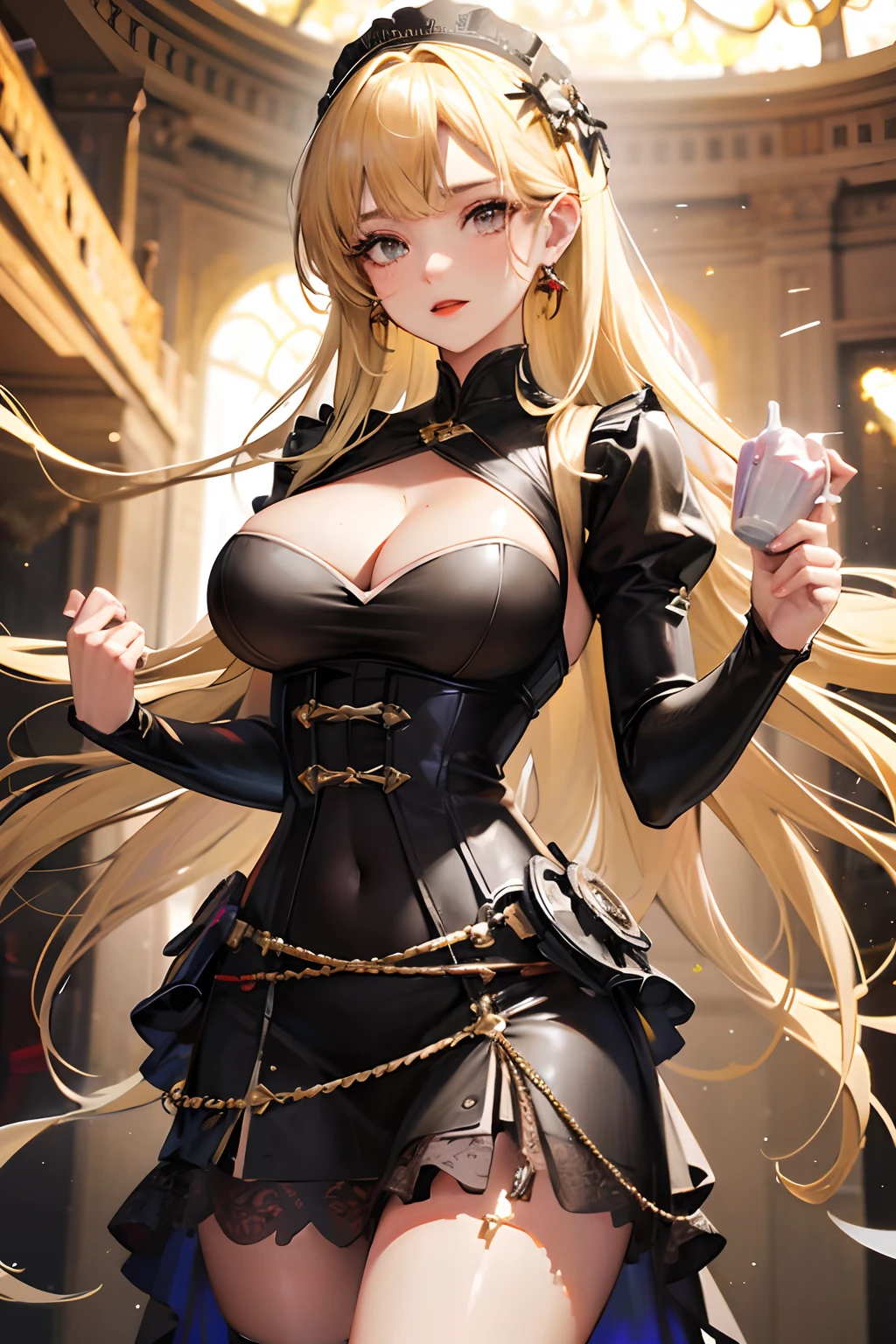 Girls wear skirts,Perfect face,underdressing,Narrow waist,(Realistic, Photorealistic), (Ultra-high RES), (Depth of field),Striped hair,Thick thighs,view the viewer , insanely details, Intricate details, cutout dress,(cleavage), Underbust cut-out dress,Shiny holographic cut-out dress:1.1 , Sagging breasts,Blonde hair,Red lips ,Sheer skirt
