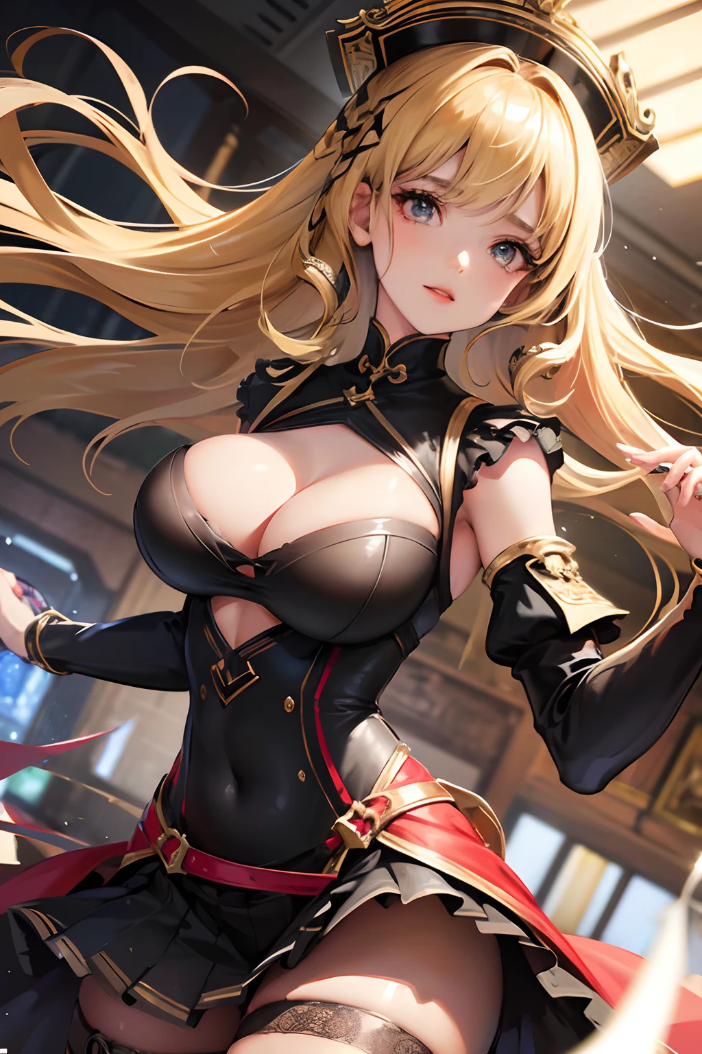 Girls wear skirts,Perfect face,underdressing,Narrow waist,(Realistic, Photorealistic), (Ultra-high RES), (Depth of field),Striped hair,Thick thighs,view the viewer , insanely details, Intricate details, cutout dress,(cleavage), Underbust cut-out dress,Shiny holographic cut-out dress:1.1 , Sagging breasts,Blonde hair,Red lips ,Sheer skirt