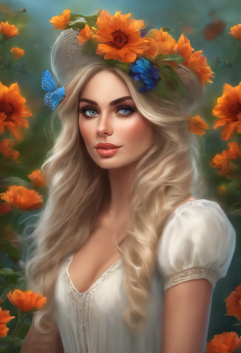 (best quality,4k,highres,masterpiece:1.2),ultra-detailed,realistic,beautiful detailed blue eyes,short blonde curly hair,red lips,big breasts,bust,girl in a yellow dress,flowers,looking at the horizon,sexy,illustration,soft lighting,vibrant colors