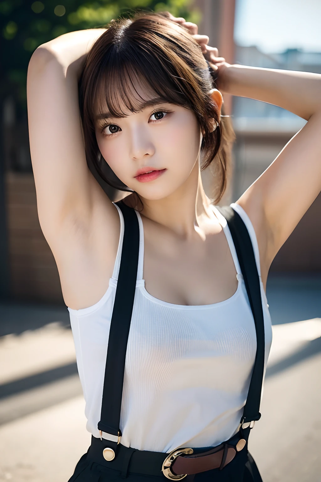 ​masterpiece、flat-colors、depth of fields、lens flare 1 girl、、Brown hair、watching at viewers　　　　a belt　black suspenders　　　large full breasts　　　 　 Armpit sweat　perspiring　Side of both hands　　walls: 　Black pants, 　Gaze　　　Small face　Bangs Upper Eyes　flank