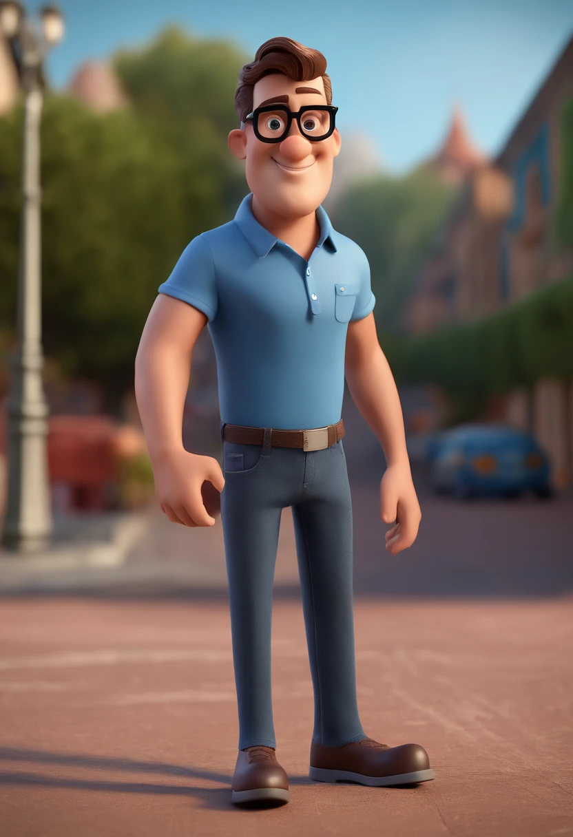 Cartoon character of a man with black glasses and a blue shirt, animation character, Caractere estilizado, animation style rendering, 3D estilizado, Arnold Maya render, 3 d render stylized, toon render keyshot, Personagem 3D, Personagem 3D, 3d rendering stylized, 3 d character render, personagem de desenho animado, Personagem de close up, Pose de personagem,  (Estilo Pixar) (master part:1.2) (Bokeh) (best quality) (pele detalhada) (textura detalhada) (8k) (argila) (Cinematic lighting) (foco nítido