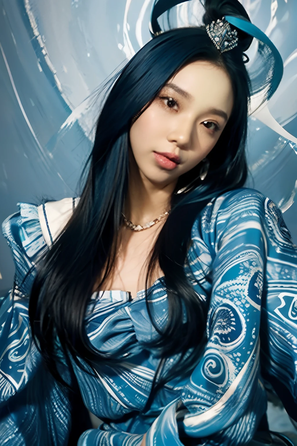 master part, best quality, 1girl, fundo azul do oceano, cabelos pretos, cabelos longos e cacheados, frente frontal, ((Blue Fashion Silk Solitaire Costume with Blue Swirling Vortices Pattern)), Face Emocional, (fechar retrato), compor, studiolight, studio, ((Not open-mouthed, sem dentes))