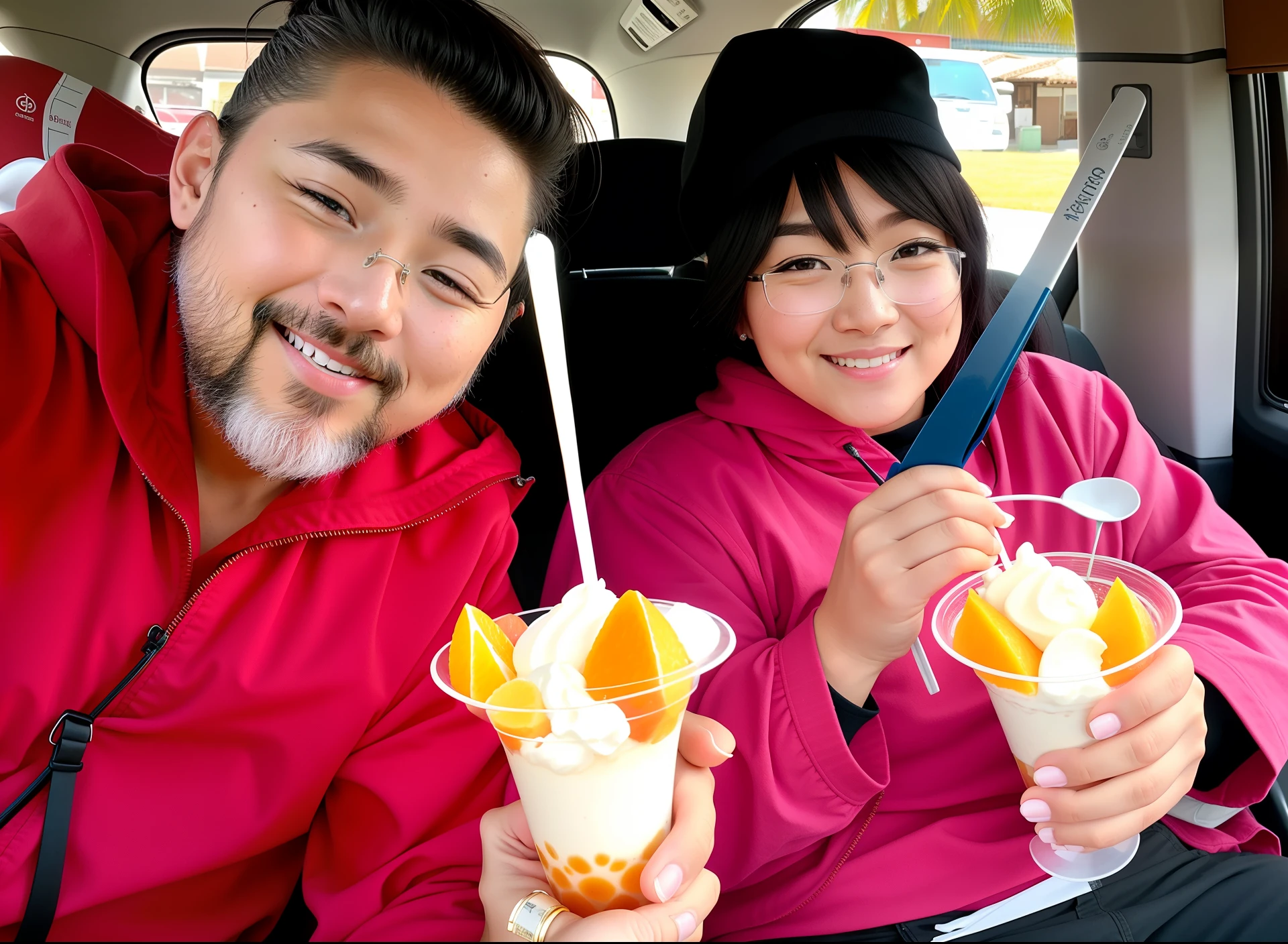 They're sitting in the back of a car eating fruit, vacation photo, comer sorvete - creme, comer sorvete, drinking boba tea, delicioso, Zeen Chin e Terada Katsuya, sobremesa, A alegria de, sorvete ao lado, taken in the early 2020s, Directed by: Jeka Kemp, momma and papa, —n 9
