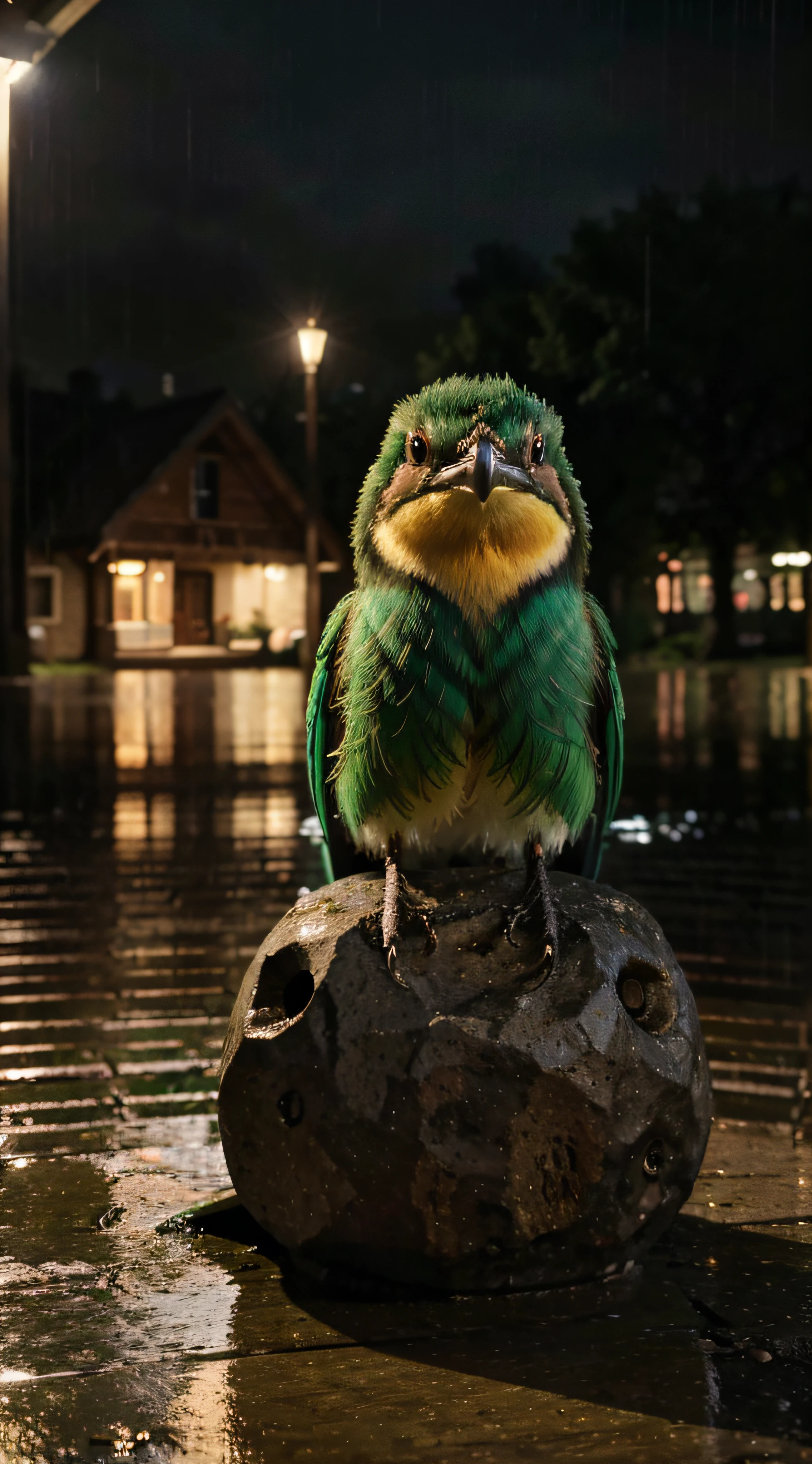 (best quality, 4k, 8k, highres, masterpiece: 1.2) (ultra-detailed, realistic, photorealistic) night scene, rainy weather: 3 European bee-eater are waiting.