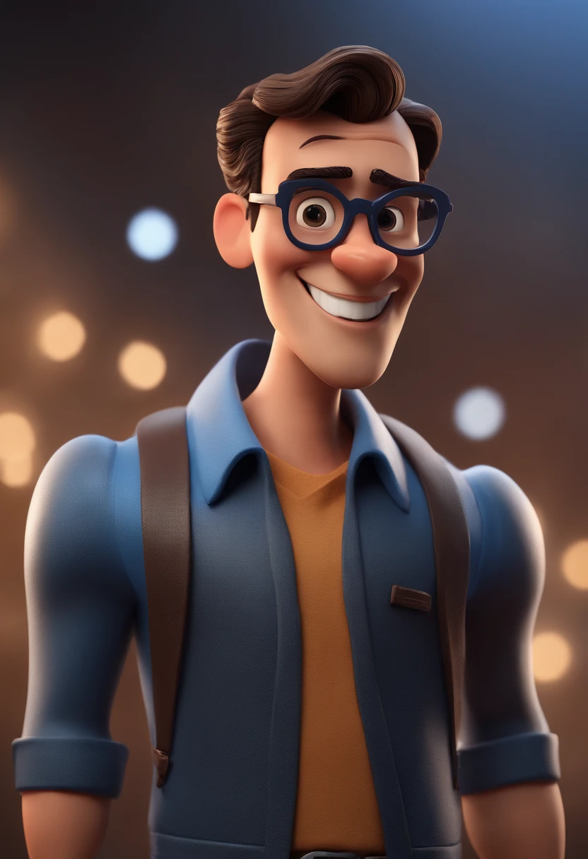 Cartoon character of a man with black glasses and a blue shirt, animation character, Caractere estilizado, animation style rendering, 3D estilizado, Arnold Maya render, 3 d render stylized, toon render keyshot, Personagem 3D, Personagem 3D, 3d rendering stylized, 3 d character render, personagem de desenho animado, Personagem de close up, Pose de personagem, (Estilo Pixar) (master part:1.2) (Bokeh) (best quality) (pele detalhada) (textura detalhada) (8k) (argila) (Cinematic lighting) (foco nítido