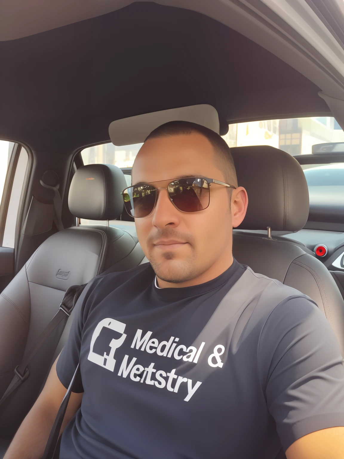 35-year-old man sitting in a red Ferrari on the streets of New York with his eletromed shirt and an iPhone 15 in his hand
