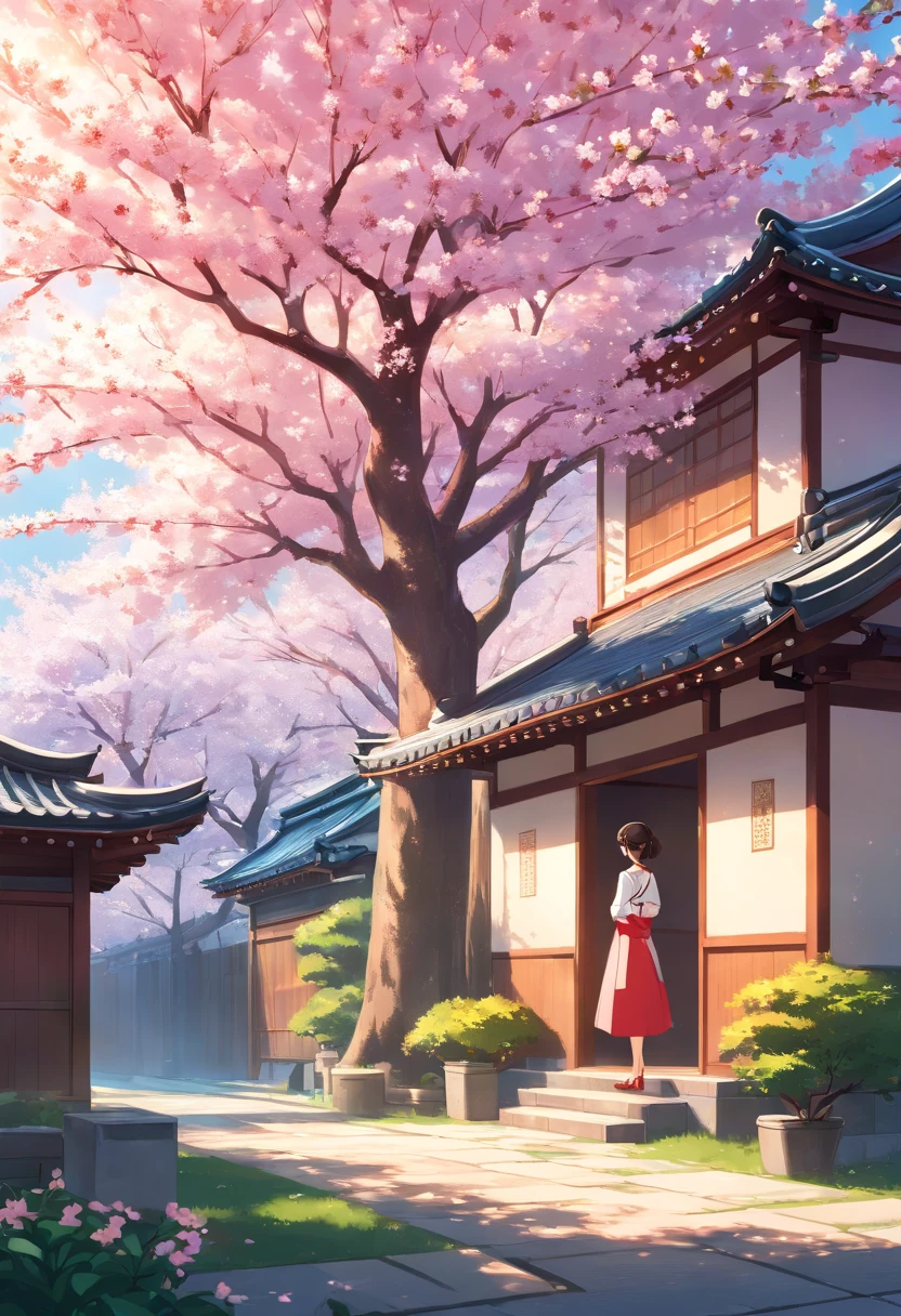 In front of the house, a close-up of a white flower blooming on a tree. The photograph is taken by Nico Hennrichon and has a flicker effect. The artwork is inspired by the Bauhaus style. The lighting is beautiful, creating a lovely ambiance on a spring afternoon. In the background, there is a cherry blossom tree. The scene takes place in a traditional Japanese house. The focus is on the blooming flowers, which are huge in size, creating a captivating view. It's a perfect spring day with a clear sky. The perspective of the artwork is from the roofline, providing a unique and captivating viewpoint. The spring season is depicted with the presence of plum blossoms, and there are various fruit trees surrounding the area. The flowers are vibrant and beautifully detailed, creating a sense of realism. The colors are vivid, enhancing the overall visual experience. The lighting adds a touch of warmth to the scene, illuminating the flowers in the most enchanting way. a small girl with red dress is picking up the flower