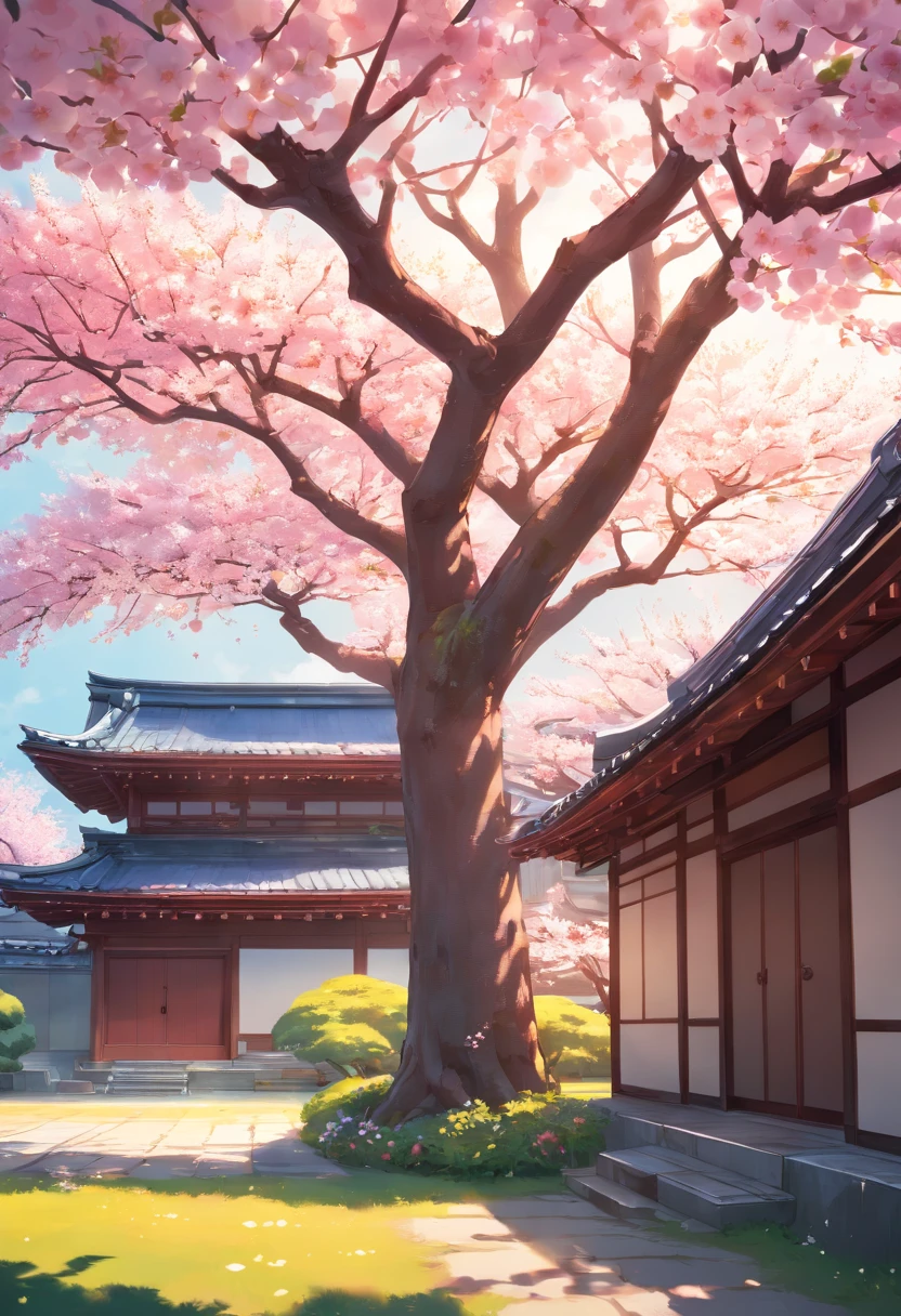 In front of the house, a close-up of a white flower blooming on a tree. The photograph is taken by Nico Hennrichon and has a flicker effect. The artwork is inspired by the Bauhaus style. The lighting is beautiful, creating a lovely ambiance on a spring afternoon. In the background, there is a cherry blossom tree. The scene takes place in a traditional Japanese house. The focus is on the blooming flowers, which are huge in size, creating a captivating view. It's a perfect spring day with a clear sky. The perspective of the artwork is from the roofline, providing a unique and captivating viewpoint. The spring season is depicted with the presence of plum blossoms, and there are various fruit trees surrounding the area. The flowers are vibrant and beautifully detailed, creating a sense of realism. The colors are vivid, enhancing the overall visual experience. The lighting adds a touch of warmth to the scene, illuminating the flowers in the most enchanting way. a small girl with red dress is picking up the flower