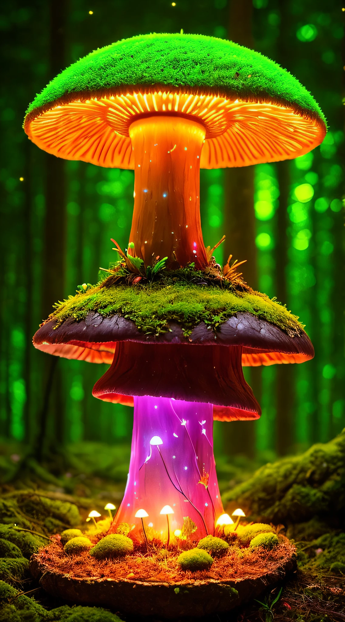 A mushroom,,Realiy,dream magical,with light glowing,Glowing forest, Green moss,Neon lights around mushrooms, ultra - detailed