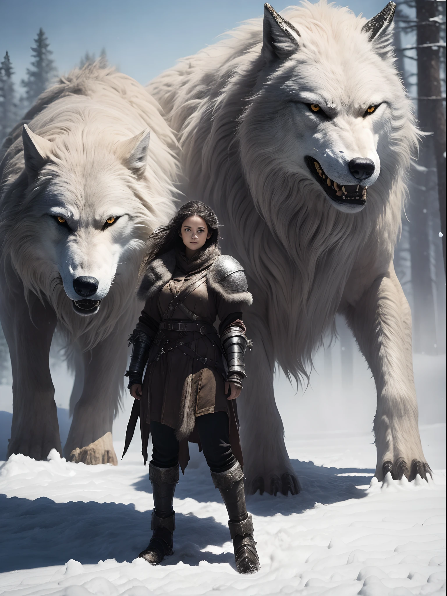 A young girl wearing heavy armor，stand in front of The Giant Wolf Fenrir，In the background is the forest sea snow field