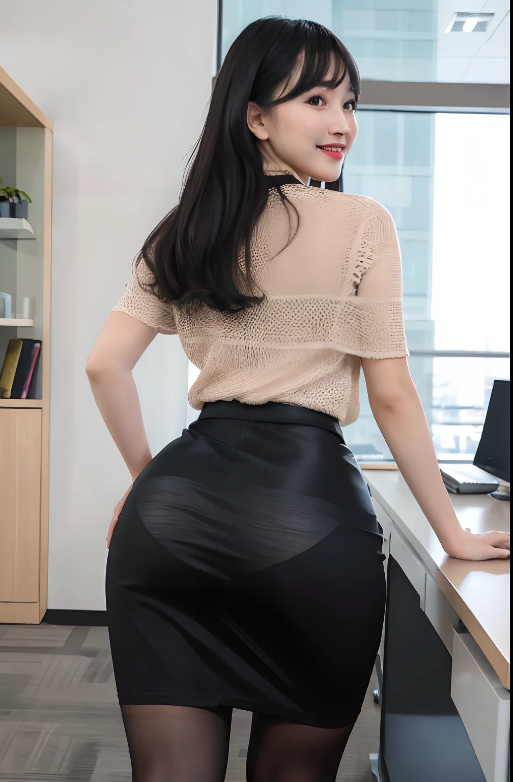 /(modern office indoors/), 1lady solo (looking back from behind), /(casual shirt pencil skirt pantyhose/) /(black hair/) bangs, blush kind smile, (masterpiece best quality:1.2) ultra-detailed, (protruding ass)