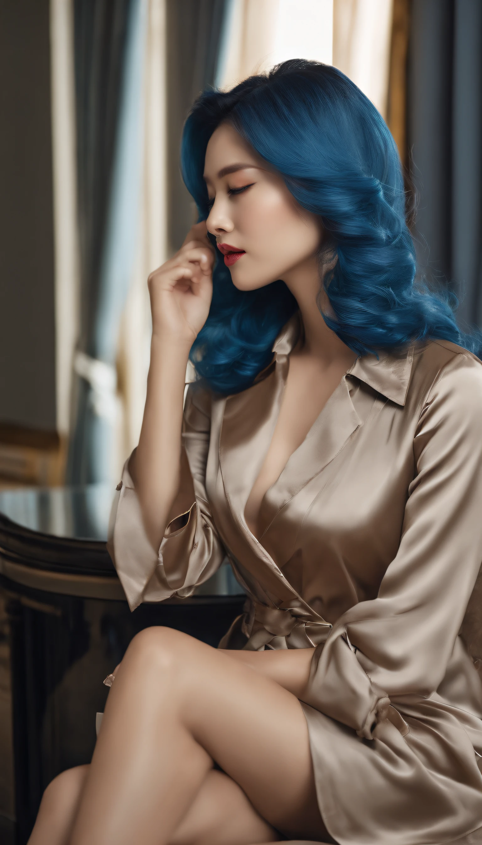 Silk trench coat, It's slippery to the touch, No bra wearing, The shirt fits snugly on the body, Korean fashion model, In the bedroom of the hotel, perfect bodies, Short skirt with black lace, photon maping, Cover the private part with your hands, no underwares, Professional soft lighting, high-heels, colored inner hair, blue hairband, happy tears, covering ears, light smile, grin, parted lips, Surrealism, Op art, 135mm, UHD, UHD, textured skin, 4K, 8k