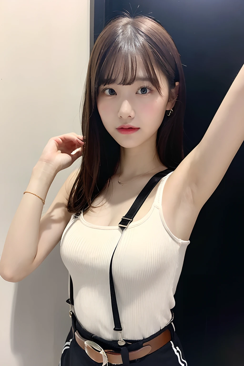 masterpiece、flat-colors、depth of fields、lens flare 1 girl、、Brown hair、watching at viewers a belt black suspenders big breasts ample bosom Puffy Armpit sweat perspiring Side of both hands walls: Black pants, Gaze Small face Bangs Upper Eyes flank