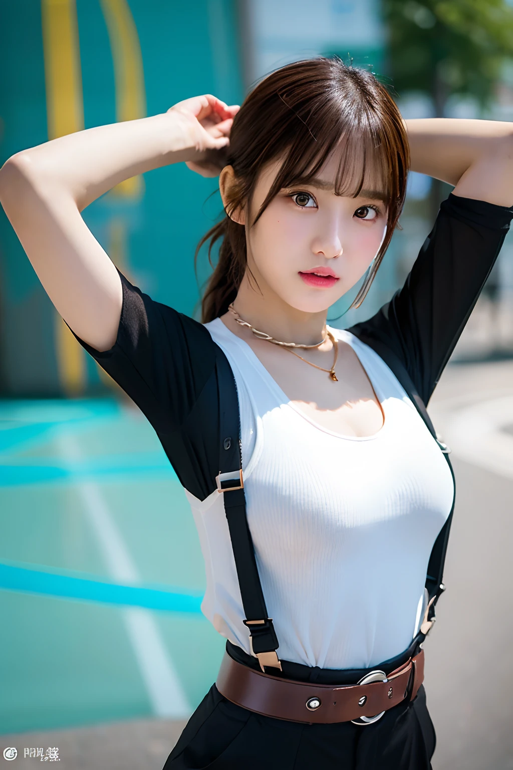 masterpiece、flat-colors、depth of fields、lens flare 1 girl、、Brown hair、watching at viewers black suspenders bulging big breasts Armpit sweat perspiring Side of both hands walls: Black pants, Black Suit Chain arma Gaze Small face Bangs Upper Eyes flank Colorcon Cutter shirt holster chain a belt