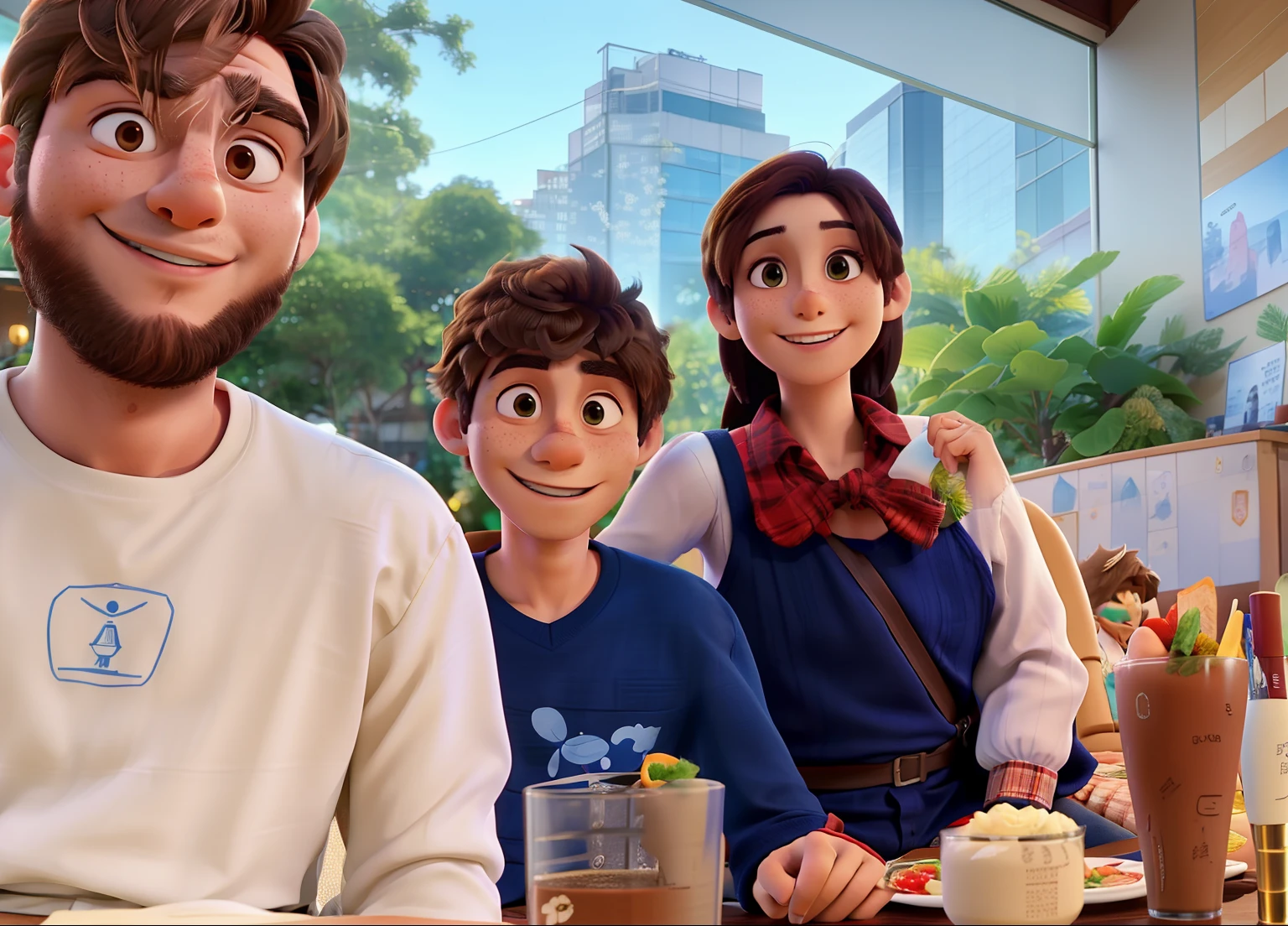 There's a man and a woman sitting next to a boy at a table, marido esposa e filho, foto de perfil, In Sao Paulo, Family photo, Foto Octane 8K
