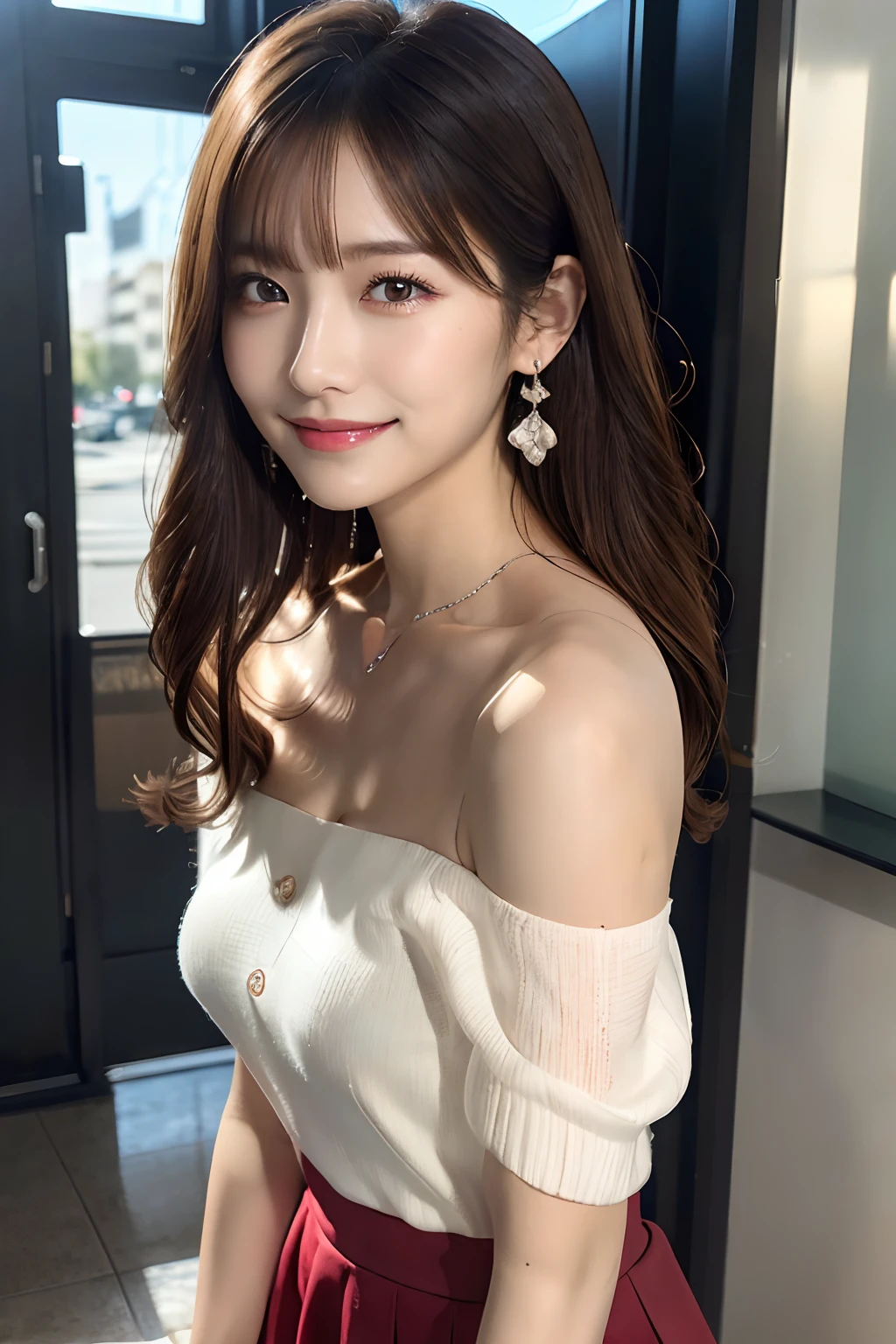 (masutepiece:1.3), High resolution, ultra-detailliert, the Extremely Detailed CG Unity 8K Wallpapers, Realistic, Photorealsitic, Raw photo, beautifull detailed face, pale skin, realistic glistening skin, Detailed Cloth Texture, detailed hair texture, Perfect body, Beautiful face, acurate, Anatomically correct, Highly detailed face and skin texture, Natural neck length, (Beautiful hands), (Fair skin:1.2), thin legs, Thin feet,
BREAK,
Detailed eyes, symmetrical eye, Light brown eyes, Double eyelids, Thin eyebrows, (Glossy lips:1.4), ((gently smiling:1.2)), (blush:1.1),
BREAK,
(Classy and cute girl:1.3), (Wear elegant clothes (Red) Shoulder Cutout Tops:1.2), (classy (white) (long frilled skirt):1.2),
medium large breasts, (Slender figure:1.1), Firm abs, Beautiful collarbone,
(Dark blonde hair, Wavy Hair, Long hair:1.2), ((asymmetrical bangs:1.2)),
BREAK,
Standing, ((Pose to be silent:1.3)),
((before the "Silver bell" Tokyo Station)), (Cowboy Shot:1.2), looking side at viewer, from the front side:0.65,