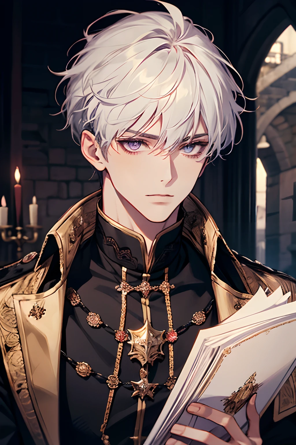 1male, calm, adult, handsome, short messy with bangs, white hair, amethyst colored eyes, royalty, prince, wears black clothing, in a castle, adult face, medieval times, close up, calm