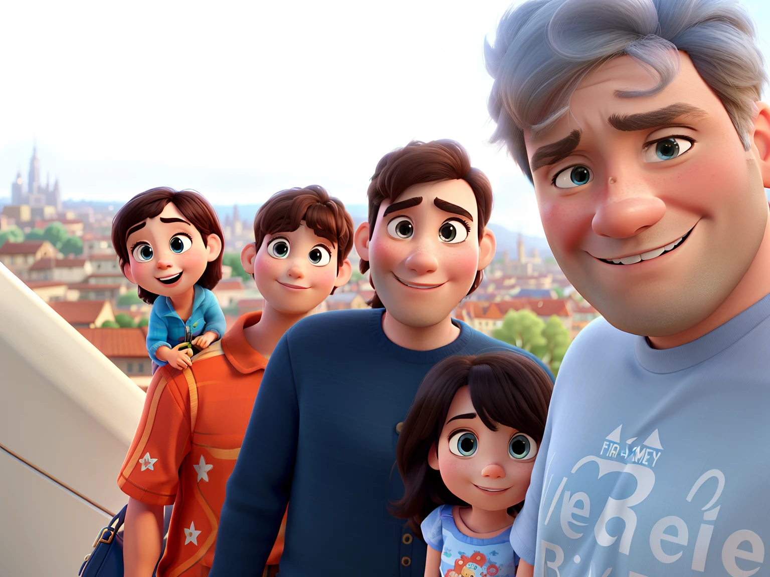 A high-quality pixar family with a beautiful city in the background