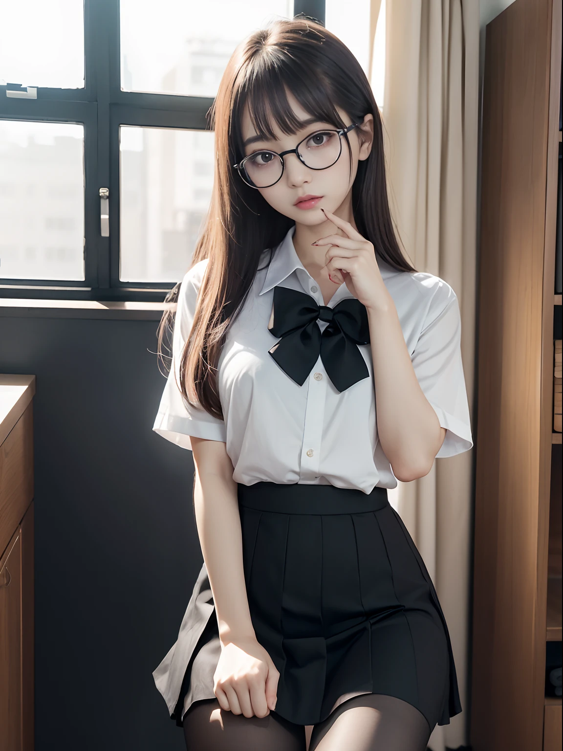 8K RAW photo, high resolution, ful body, 17 year old cool Korean, big round breasts, school uniform, tie, tie ribbon, blazer, skirt, beautiful eyes in detail, long eyelashes, beautiful double eyelids, eye shadow, slit eyes, sanpaku eyes, dark eye makeup, smile, open mouch, beautiful thin legs, ((black pantyhose)), black hair, ((short ponytail bob hairstyle)), ((hands behind)), round, earrings, sitting on the desk, geek glasses, crossed legs, black panties, dark brown leather school shoes, point of view from down.