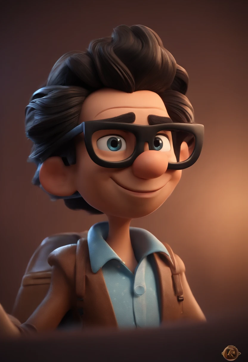 Cartoon character of a man with black glasses, cabelo cacheado marrom escuro e uma camisa azul, animation character, Caractere estilizado, animation style rendering, 3D estilizado, Arnold Maya render, 3 d render stylized, toon render keyshot, Personagem 3D, Personagem 3D, 3d rendering stylized, 3 d character render, personagem de desenho animado, Personagem de close up, Pose de personagem,  (Estilo Pixar) (master part:1.2) (Bokeh) (best quality) (pele detalhada) (textura detalhada) (8k) (argila) (Cinematic lighting) (foco nítido