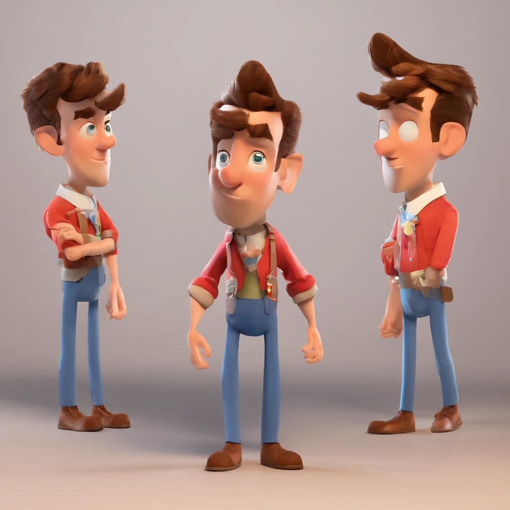 Criar um personagem no estilo Pixar. Trata-se de um homem de 30 anos, com barba, Branco, com cabelos castanhos curtos e um quiff, e olhos castanhos. Ele deve estar na frente de um computador, Trabalhar como designer