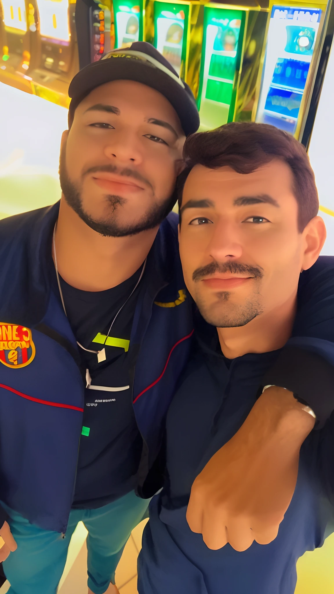 Two men posing for a photo in a casino with a slot machine, na atmosfera do filme do Detona Ralf estilo Disney pixar cartoons