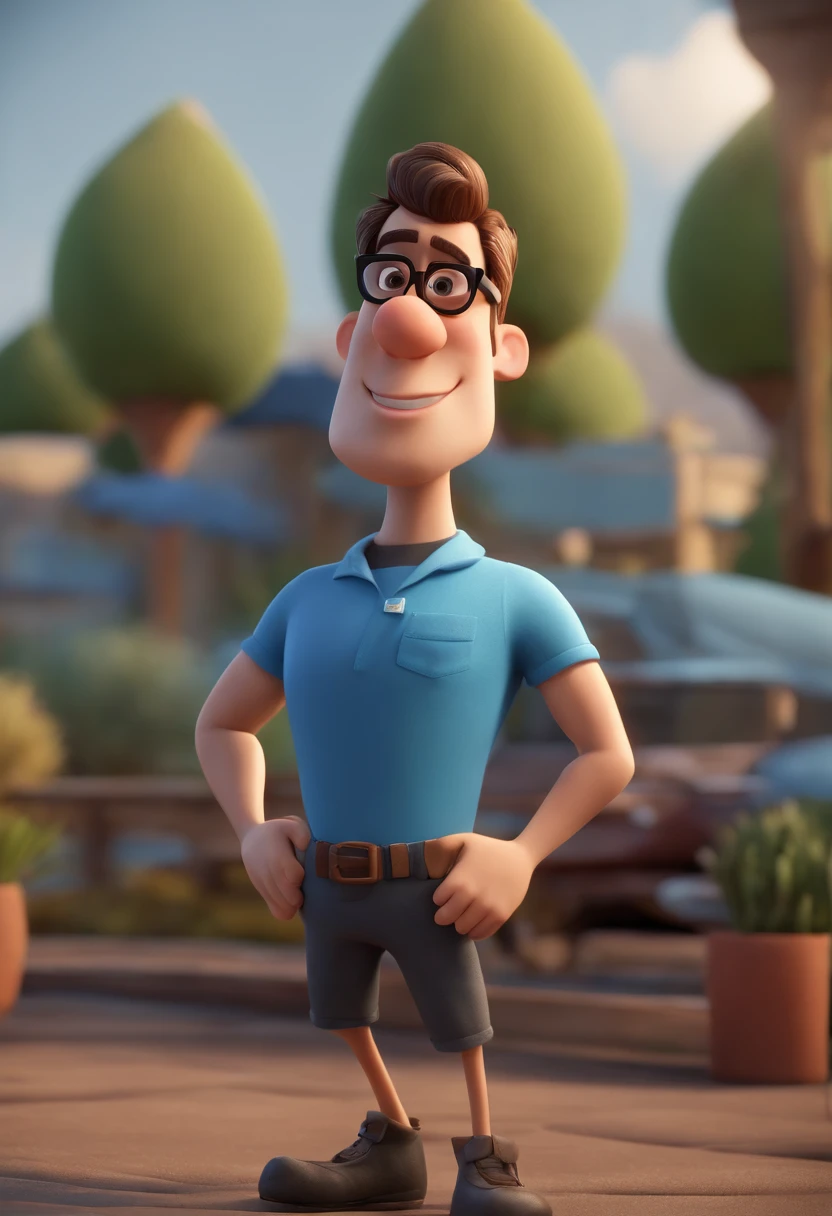 Cartoon character of a man wearing black glasses and a blue shirt, um personagem animado, Caractere estilizado, animation style rendering, 3D estilizado, Arnold Maya render, 3 d render stylized, toon render keyshot, Personagem 3D, Personagem 3D, 3d rendering stylized, 3 d character render, personagem de desenho animado, Personagem de close up, Pose de personagem, (Estilo Pixar) (master part:1.2) (Bokeh) (best quality) (pele detalhada) (textura detalhada) (8k) (argila) (Cinematic lighting) (foco nítido,Senta e vaza a parte superior do corpo