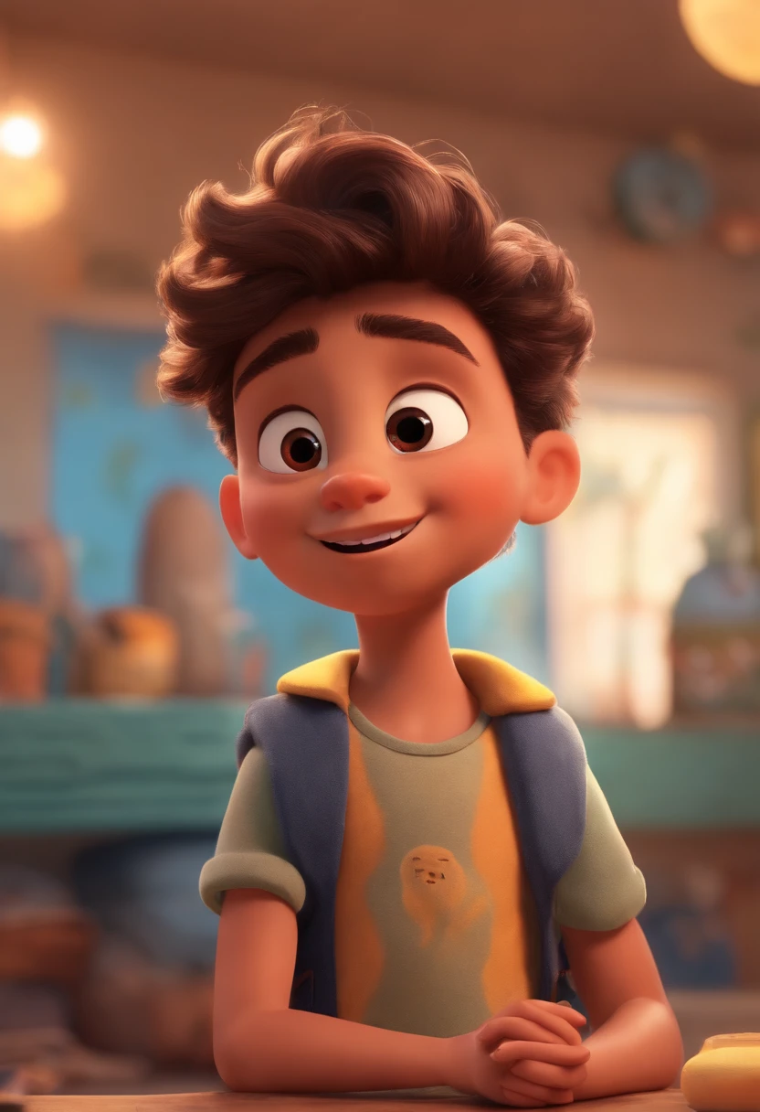 Image of a boy for a story in a YouTube video in Pixar format, He's the little allabester, He's the class leader, He's outgoing, Playful and gets up for a lot of things, cabelo curto