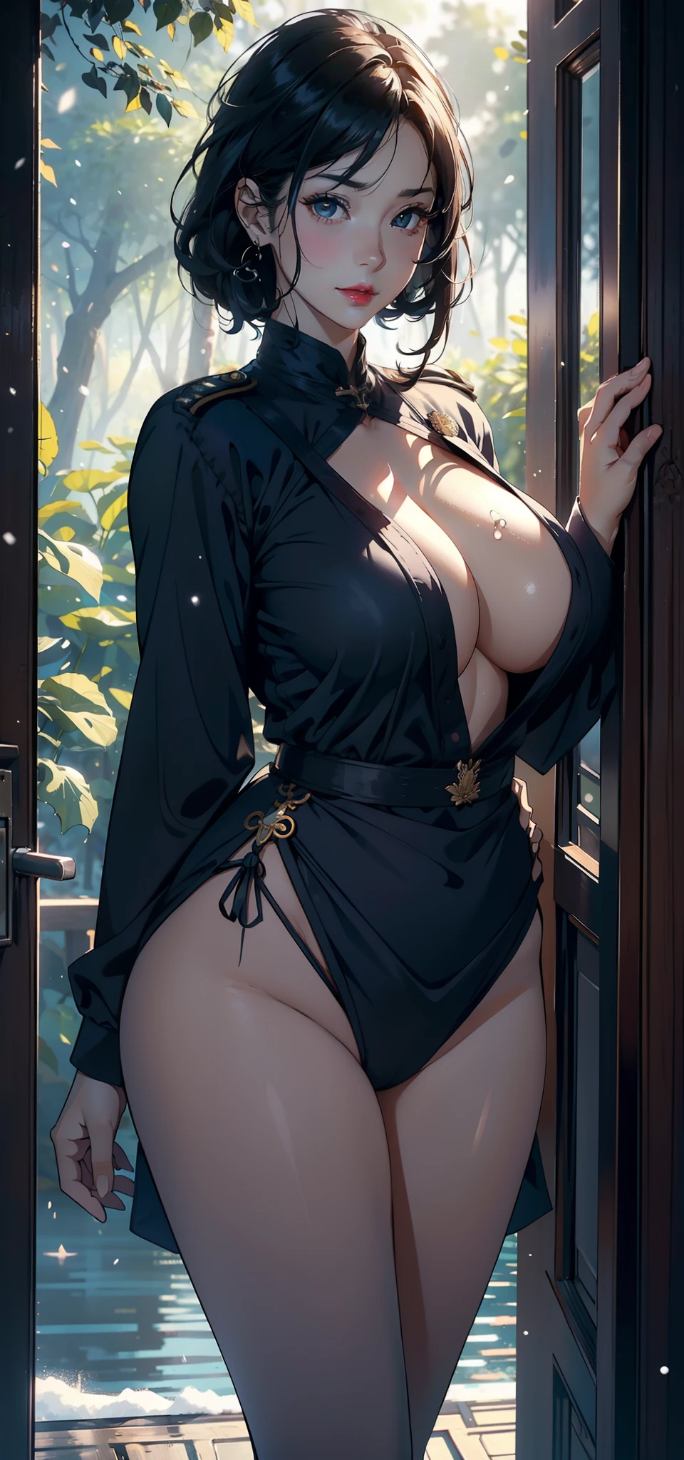 1female,45 yers old,Married Woman,熟妇,mature,plumw,extremely large bosom,Big breasts Thin waist,long leges, 独奏,(Background with:ln the forest,lotus flower,ponds) She has short black hair,bobo head,,seen from the front, Stand in the forest, mostly cloudy sky,(((tmasterpiece),(Very detailed CG unity 8K wallpaper),best qualtiy,cinmatic lighting,detailed back ground,beatiful detailed eyes,Bright pupils,Black eyes,Snow-whiteskin,Redlip(Very fine and beautiful),(Beautiful and detailed eye description),ultra - detailed,tmasterpiece,))facing at camera,A high resolution,ultra - detailed),revealing breasts,Bare genitalia, Bulge,legs are open,Raised sexy,Camel toes,Flushed complexion,Desire for dissatisfaction,frontage,British officer,Navy(Wearing:oversized boobs,drooping chest,nakeness,White officer uniform)
