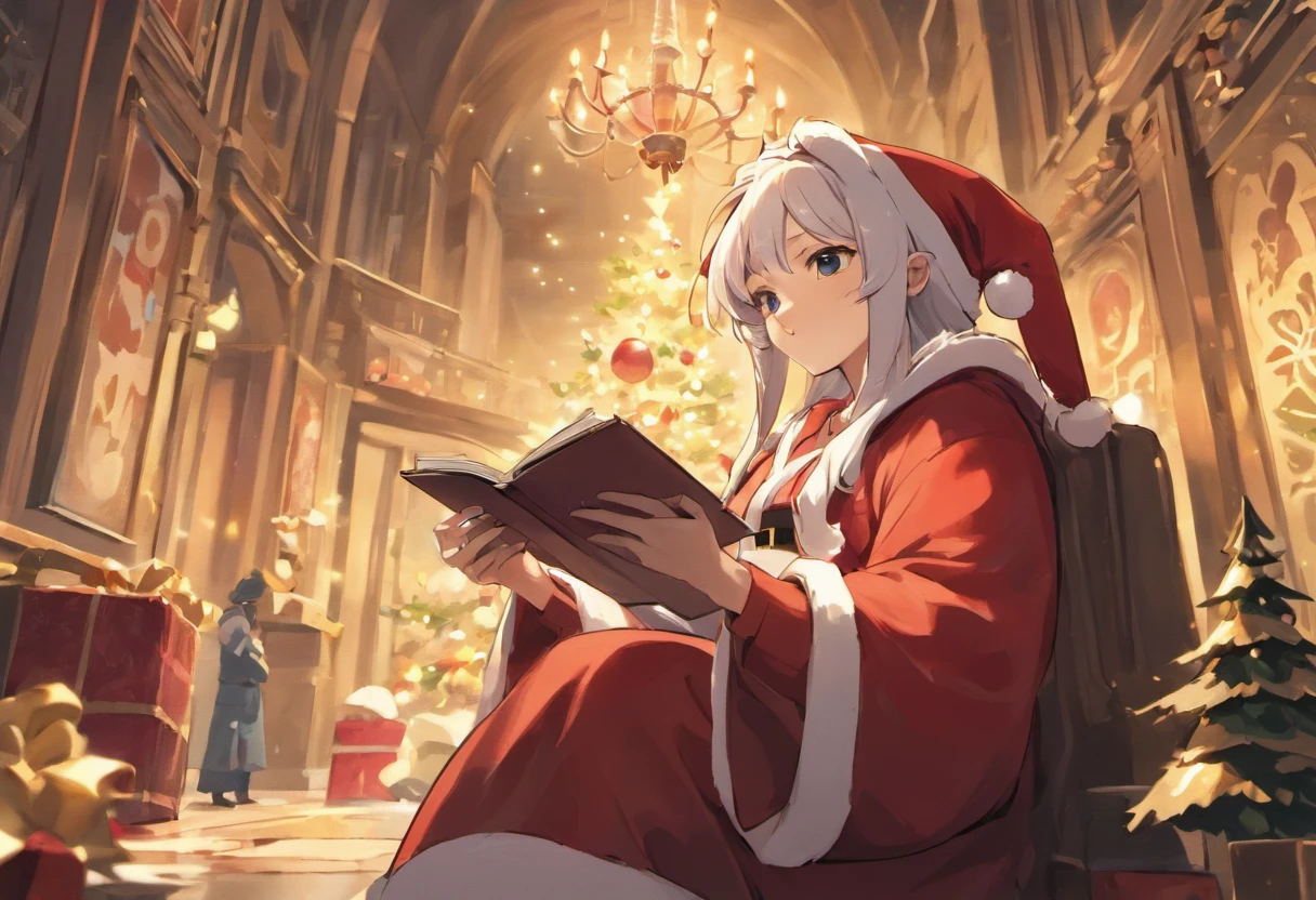 Santa Claus is looking at the gift list,Christmas Tree Gift Decoration, santa, Christmas elements,The flat is full of Christmas gifts,Very high resolution, ultrahigh resolution, illustration, Noche de Navidad, extremely high resolution, Hyper Realisitc,