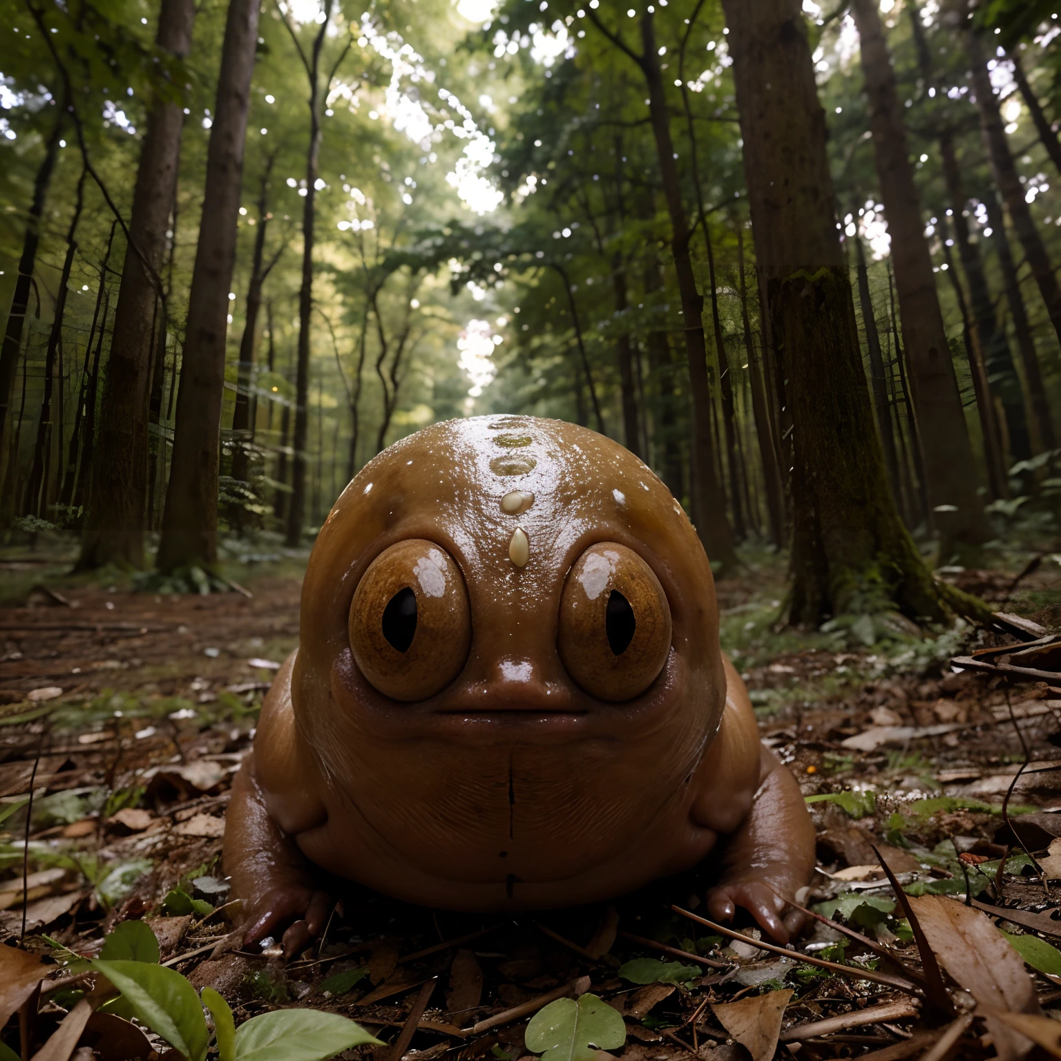 Slimy brown slug with weird eyes in the forest
