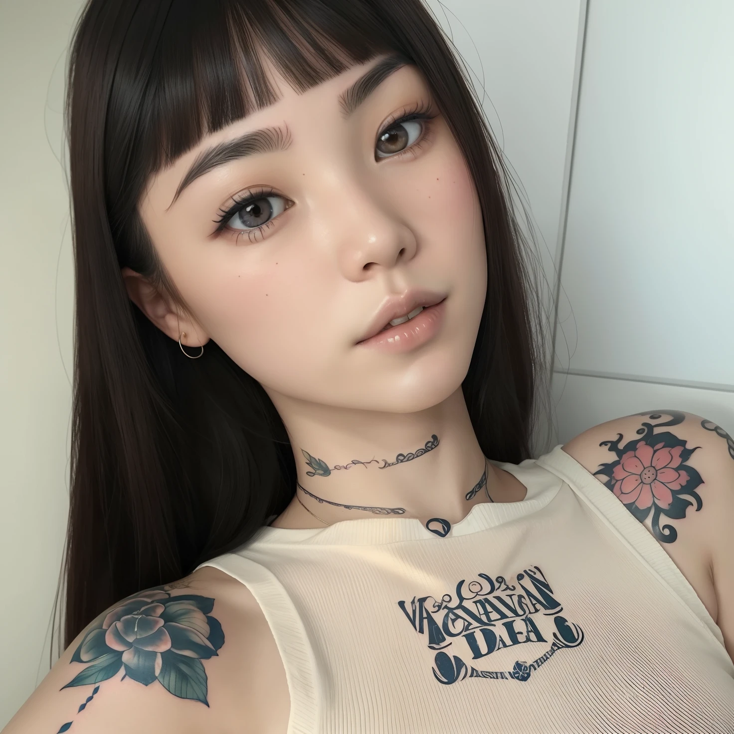 a close up of a woman with a tattoo on her arm, Beautiful Asian girl, de menina taiwanesa com tatuagens, 🤤 retrato da menina, menina coreana, menina bonito-fino-cara, Asian girl, asian features, detailed face of a asian girl, kawaii retrato realista, beautiful aesthetic face, young cute wan asian face, south east asian with round face, com tatuagem facial