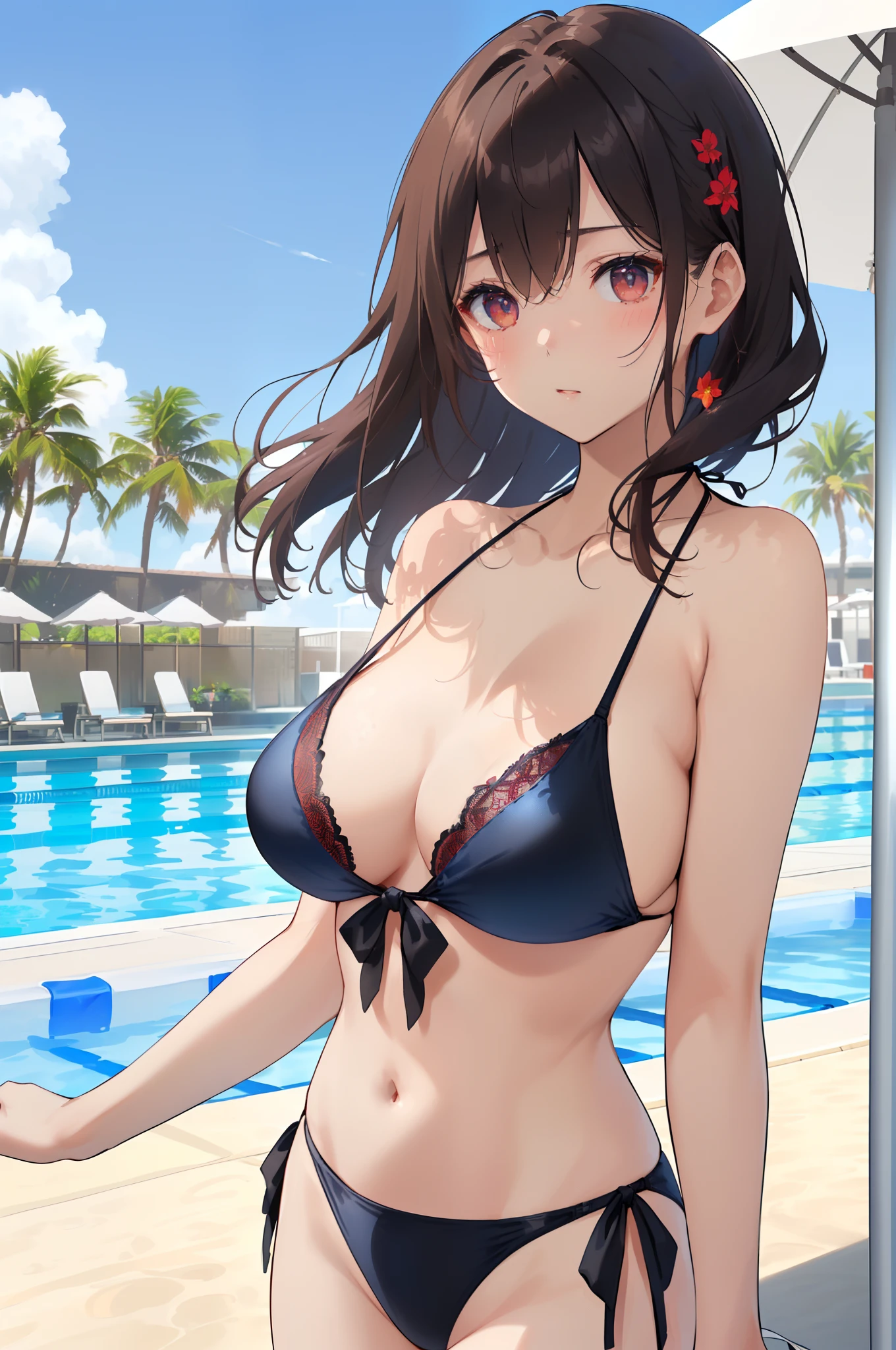 top-quality、masterpiece、(1 adult female:1.3)、(Soft bust:1.2)、Natural Big、Chest thrusting pose、(View landscape:1.1)、Seen from the side、slender、(Thin and simple black lace bikini swimsuit:1.2)、Brown hair、(Hair is tied back)、(Hair fluttering in the wind:1.3)、azure eyes、(White highlights of the pupil:1.1)、(Look at viewers:1.2)、de pele branca、Provocative facial expressions、red blush、(Blue summer sky:1.3)、(Avoid the background around the upper body:1.3)、(Blur the background a lot to make the woman stand out:1.3)、(Beautiful background by the pool on the beach:1.3)、(Beautiful summer flowers)
