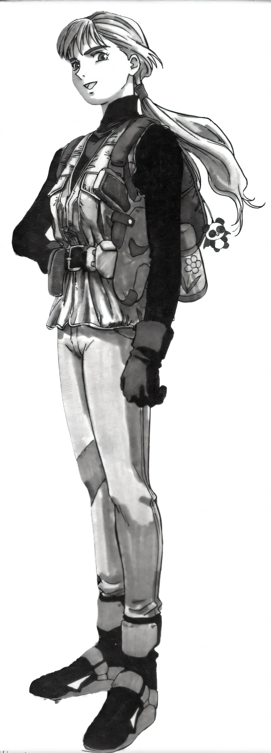 Drawing of a woman wearing a school uniform and carrying a rucksack, final fantasy tactics character, hirohiko araki artwork, Hirohiko Araki Art, heavy shading, jrpg character, hirohiko araki style, gyro zeppeli, shirow masamune, main character, kastuhiro otomo, jrpg character art, joseph joestar, revy black lagoon