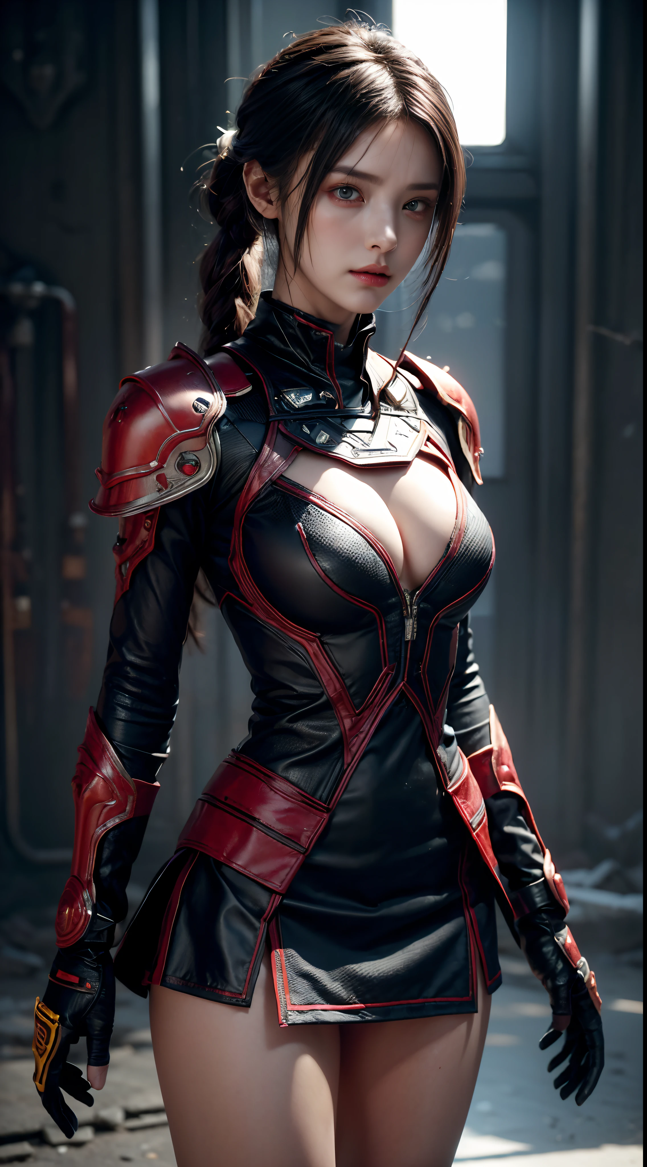 ((top-quality)), ((masterpiece)), (detaileds:1.4),。.。.。.。.。.。.。.。.。.3D, Beautiful Cyberpunk Woman Image,nffsw(HighDynamicRange),Ray traching,NVIDIA RTX,Hyper-Resolution,Unreal 5,Sub-surface scattering,PBR Texturing,Postprocess,Anisotropy Filtering,depth of fields,Maximum clarity and sharpness,multi-layer texture,Albedo and specular maps,Surface Shading,Accurate simulation of light-material interactions,perfectly proportions,Octane Rendering,Two-tone lighting,Wide aperture,Low ISO、White Balance、thirds rule、8K Raw、(Armor with a red dragon design),(((Clothes and armor are tattered))),(((Clothes are stained with dirt or dust))),((Upper body portrait))(((a miniskirt)))