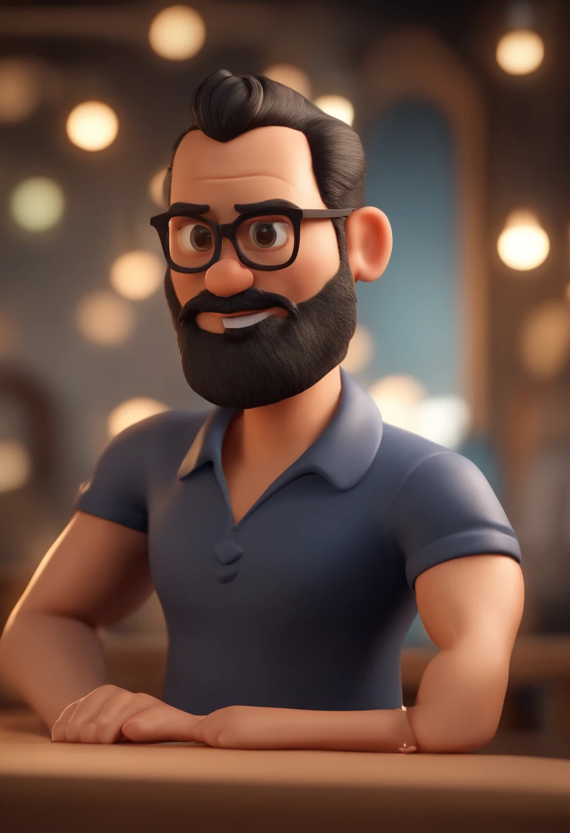 Cartoon character of a man with black glasses and a black polo shirt, cabelo liso, With beard and old school tattoo on his arm, animation character, Caractere estilizado, animation style rendering, 3D estilizado, Arnold Maya render, 3 d render stylized, toon render keyshot, Personagem 3D, Personagem 3D, 3d rendering stylized, 3 d character render, personagem de desenho animado, Personagem de close up, Pose de personagem,  (Estilo Pixar) (master part:1.2) (Bokeh) (best quality) (pele detalhada) (textura detalhada) (8k) (argila) (Cinematic lighting) (foco nítido
