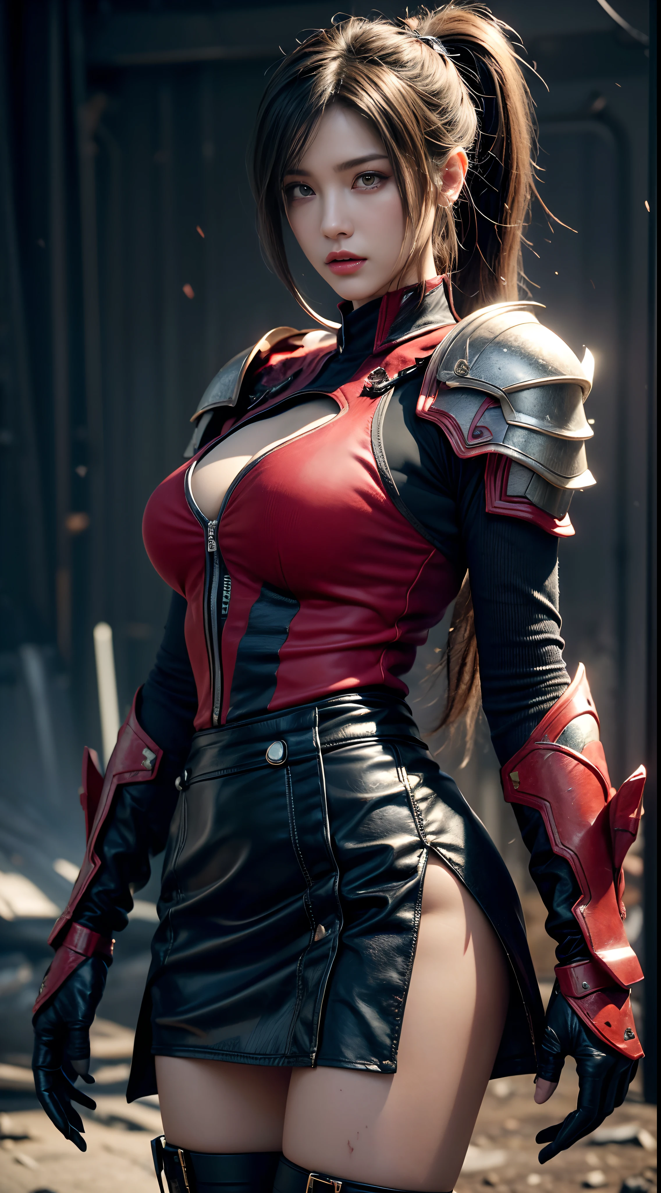 ((top-quality)), ((masterpiece)), (detaileds:1.4),。.。.。.。.。.。.。.。.。.3D, Beautiful Cyberpunk Woman Image,nffsw(HighDynamicRange),Ray traching,NVIDIA RTX,Hyper-Resolution,Unreal 5,Sub-surface scattering,PBR Texturing,Postprocess,Anisotropy Filtering,depth of fields,Maximum clarity and sharpness,multi-layer texture,Albedo and specular maps,Surface Shading,Accurate simulation of light-material interactions,perfectly proportions,Octane Rendering,Two-tone lighting,Wide aperture,Low ISO、White Balance、thirds rule、8K Raw、(Armor with a red dragon design),(((Clothes and armor are tattered))),(((Clothes are stained with dirt or dust))),((Upper body portrait))(((a miniskirt)))
