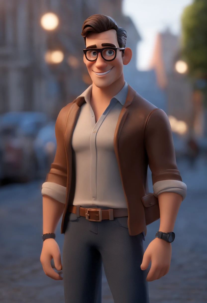 Personaje de dibujos animados de un hombre con gafas negras y una camisa azul, animation character, stylized character, Rendering animation styles, 3D estilizado, Arnold Maya render, 3D render estilizado, Toon renderizar keyshot, Personaje 3D, Personaje 3D, Renderizado 3D estilizado, Renderizado de 3 caracteres D, Personaje de dibujos animados, Personaje de primer plano, Pose del personaje,  (estilo pixar) (Pieza maestra:1.2) (Bokeh) (La mejor calidad) (Piel detallada) (Textura detallada) (8k) (arcilla) (cinematic lighting) (foco nítido