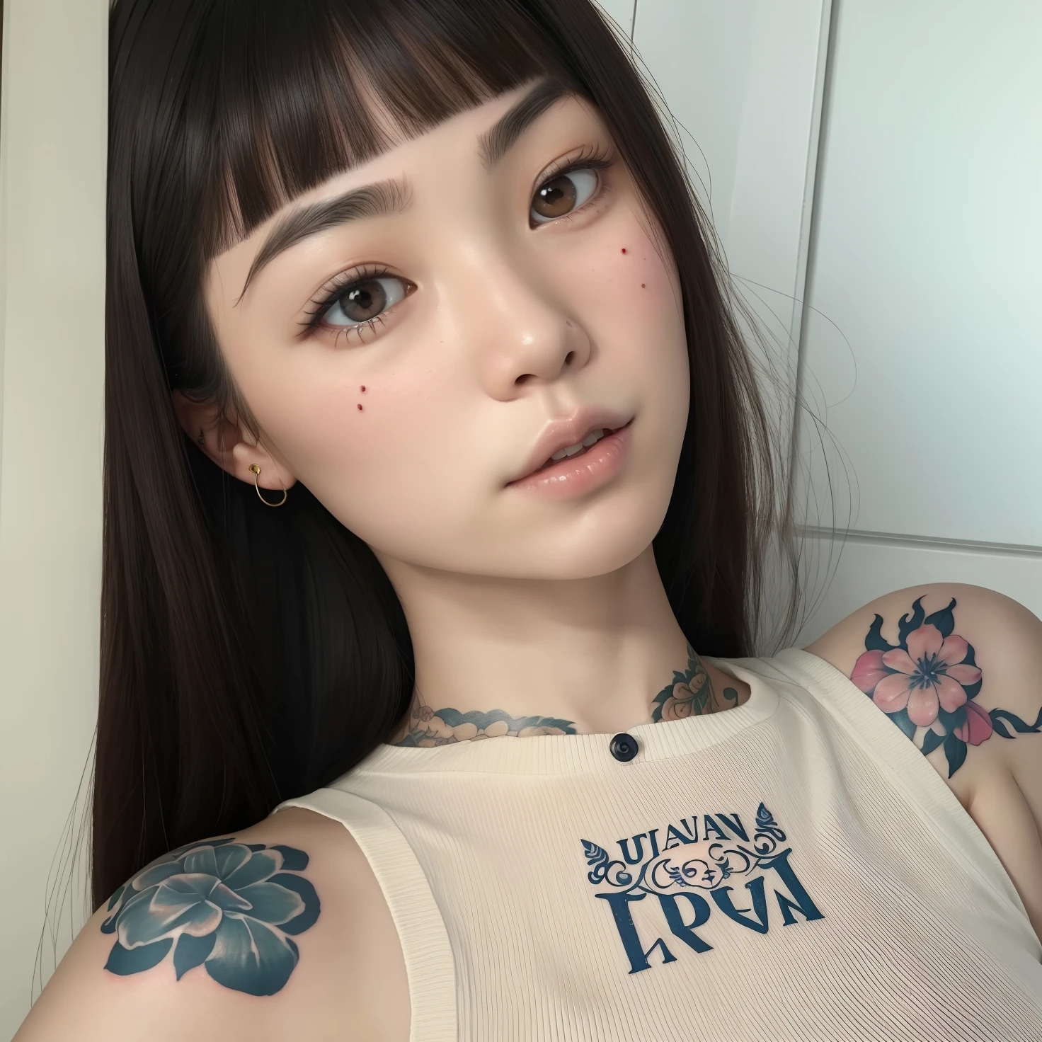 a close up of a woman with a tattoo on her arm, Beautiful Asian girl, de menina taiwanesa com tatuagens, 🤤 retrato da menina, menina coreana, menina bonito-fino-cara, Asian girl, asian features, detailed face of a asian girl, kawaii retrato realista, beautiful aesthetic face, young cute wan asian face, south east asian with round face, com tatuagem facial