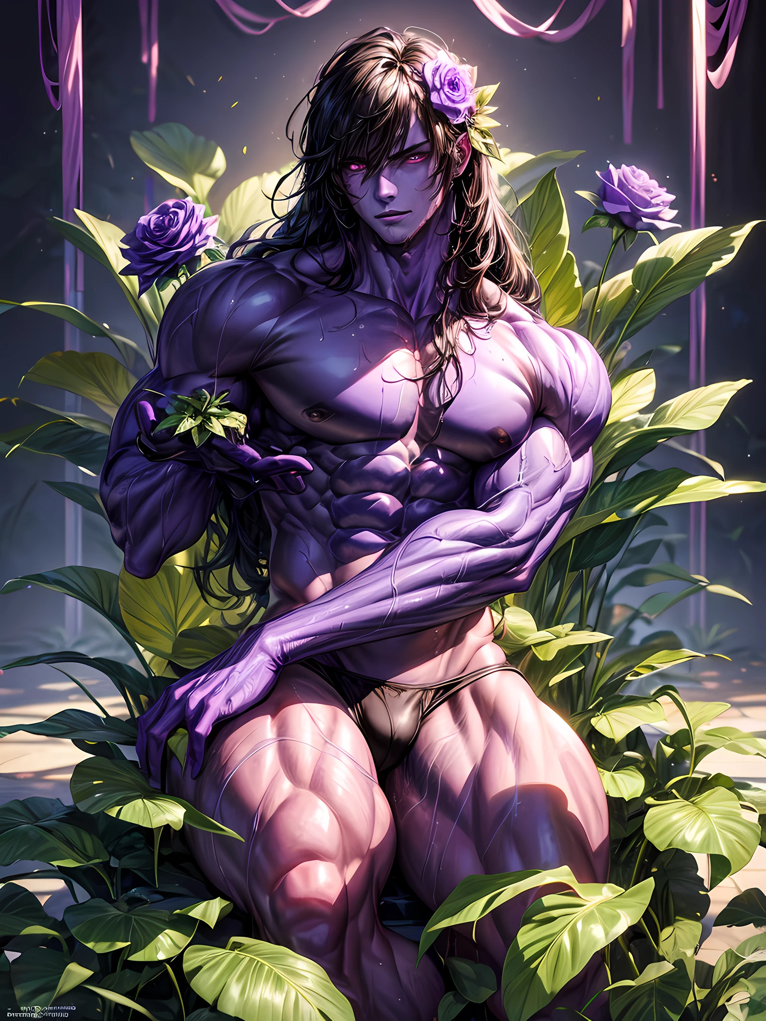 Top quality, Photorealistic, 8K, High Definition, Unity 8K wallpaper, high res, ultra sharp, masterpiece, ((masterpiece)), best quality, expressive eyes, perfect face, Super eyes, masterpiece, highly detailed exquisite character art, epic fantasy digital art style, detailed digital 3D fantasy art, ultra-realistic, male, bodybuilder male humanoid, humanoid flower, humanoid blooming out of a large rose flower, big pecs, butt, (((Purple Skin))), dark purple long hair, neon green eyes, bloom, handsome humanoid male, sexy humanoid male, humanoid male bodybuilder attractive, spreading his pheromones, sitting legs spread, flower clothing, plants, pot plants, blooming, neon god rays, blooming out of a plant, bulge, wet body, sweaty, sweaty body, oily body, oily,