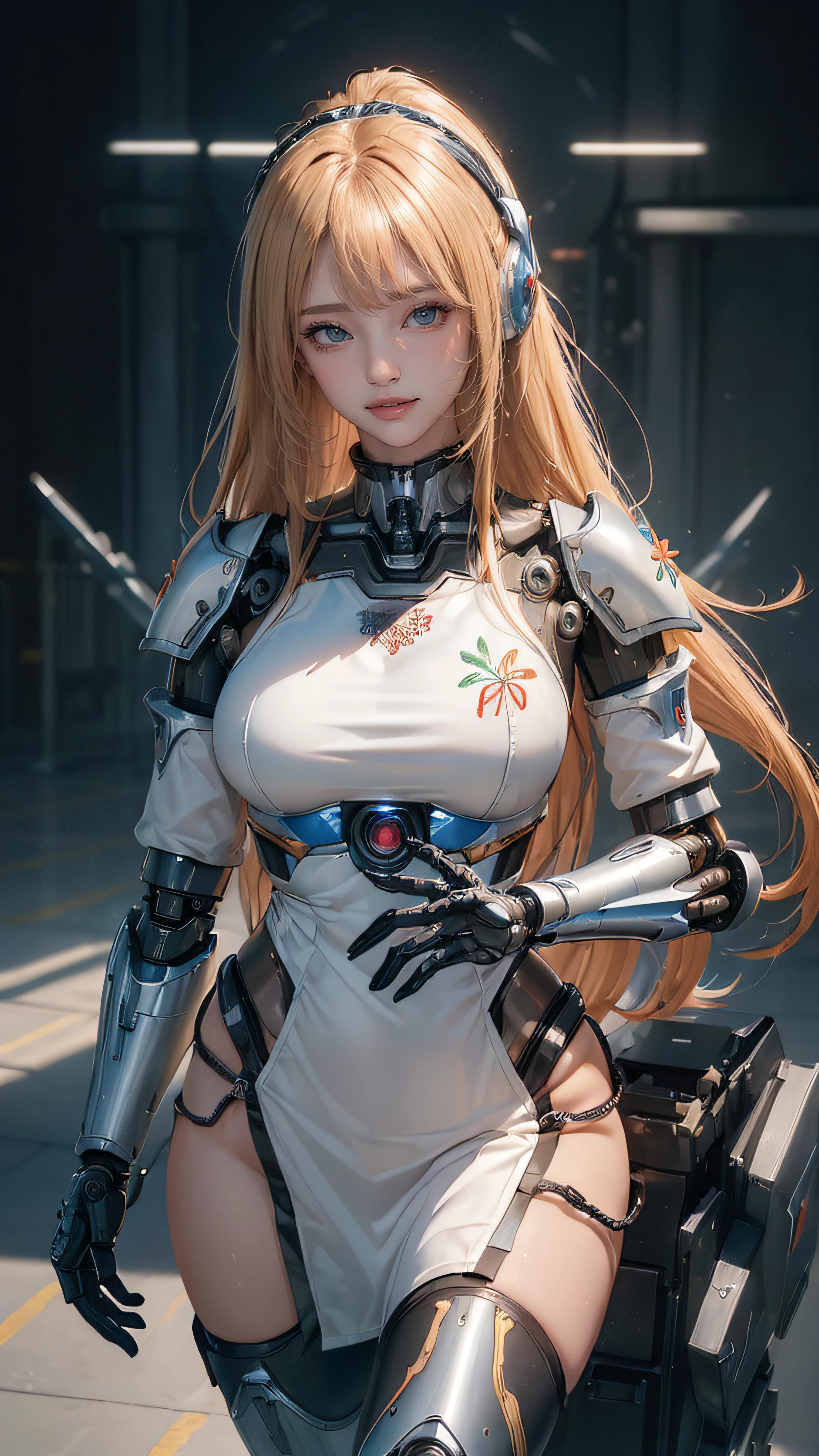 ((1girl:1.5),(embroidered cybernetic body:1.5),large breast,(mecha armor:1.5)),(Highest image quality, outstanding details, ultra-high resolution, (realism: 1.4), the best illustration, favor details, highly condensed 1girl,(Sense of presence:1.5),(Dynamic:1.5),(bold:1.5)),(thin hair:1.8),(straight hair:1.5),(Swept long bangs:1.5),(extra light coppery amber hair),((hair over one eye:1.2)),(stretching:1.5)