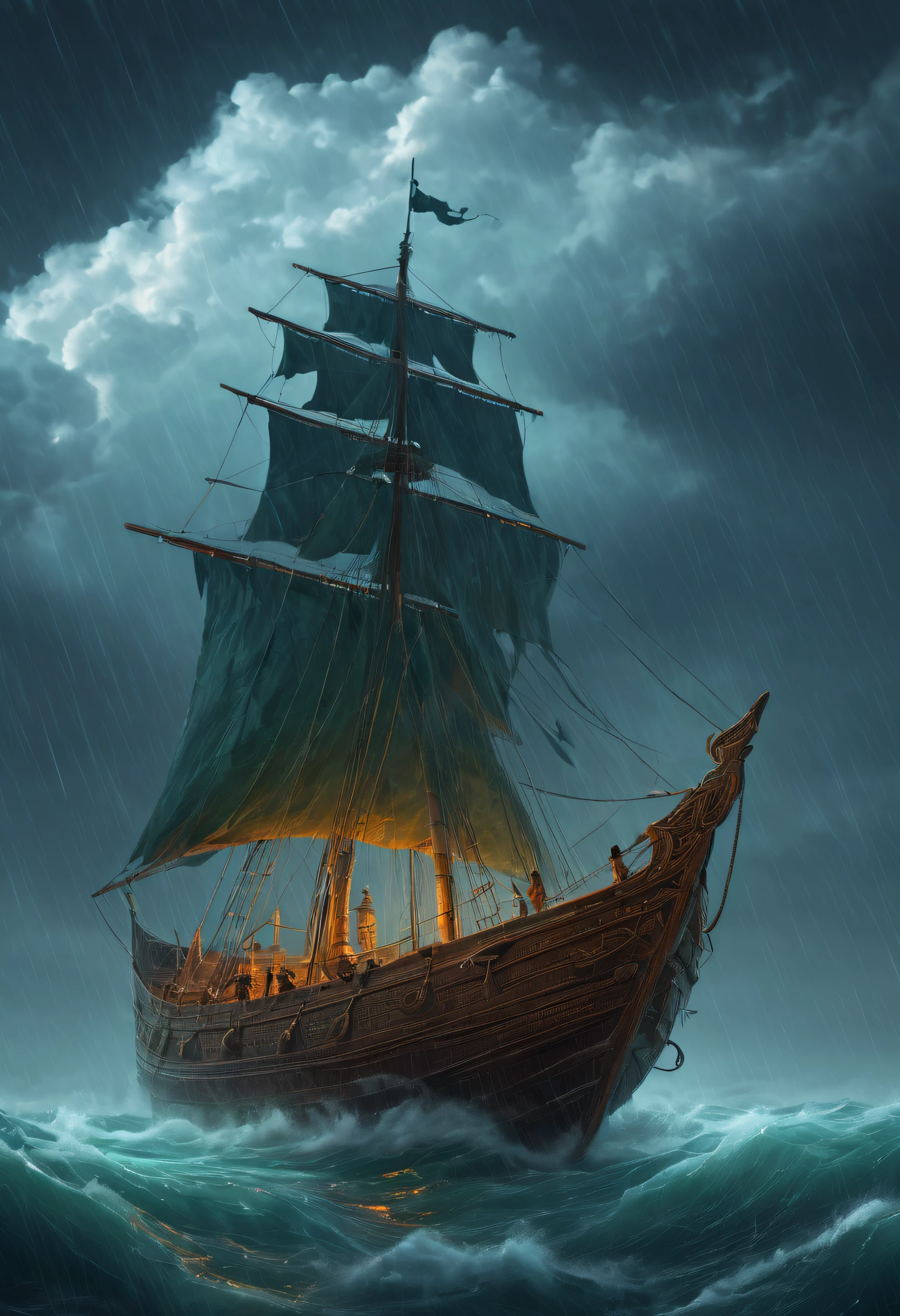 Immerse yourself in the world of ancient tales and folklore with this captivating prompt for a digital artwork of an enormous mythical beast, shrouded in a stormy downpour, with breathtaking references to ancient folklore. A tiny sailboat was lifted:2,The composition captures the mythical nature of the beast, with its majestic presence and otherworldly features mesmerizing the viewer. The raindrops cascading down its scaled skin and the swirling clouds in the background add a sense of movement and drama to the artwork. The use of intricate details, vibrant colors, and symbolic elements transports the viewer to a realm where legends come to life. Created by renowned digital artist Alex Ruiz.