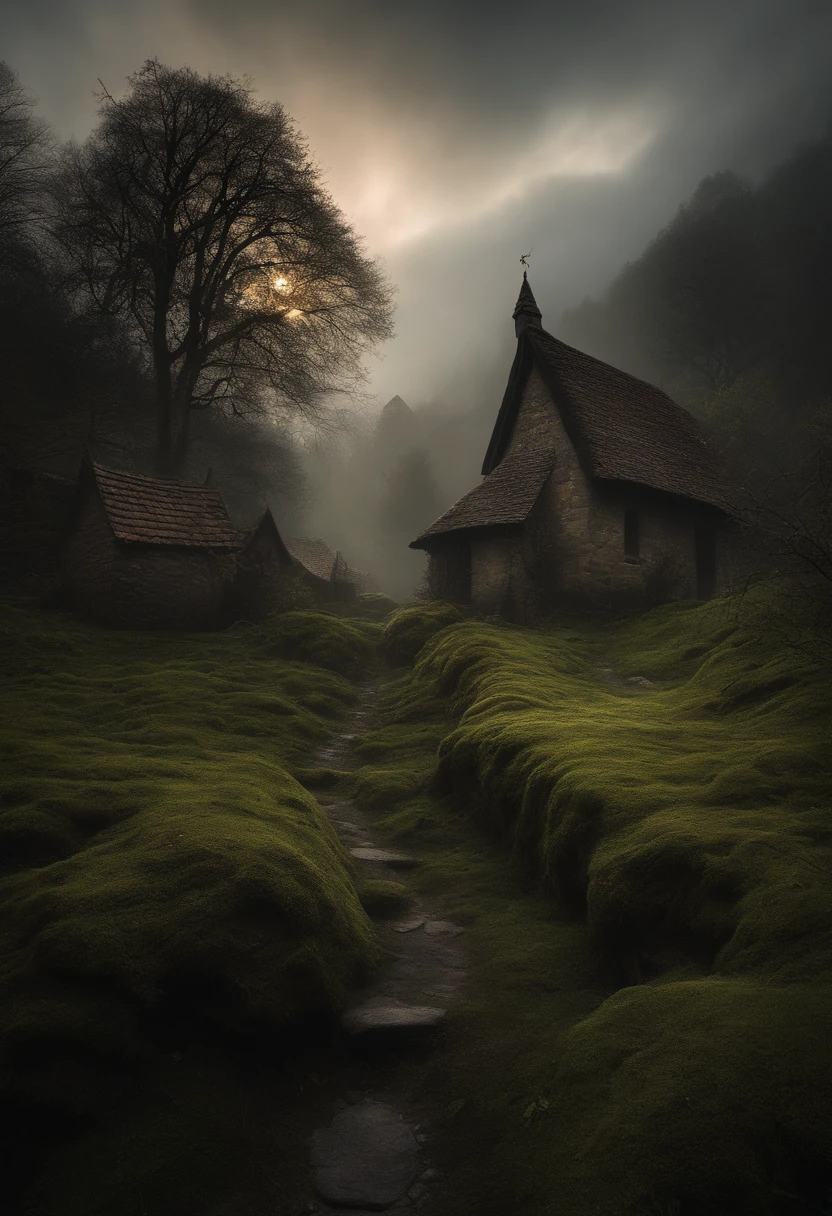 Realist dark oil painting of a medieval village at sunrise, Mossy, Mist, Foggy, Shadows, misterious, Mitris, Dark, Light shines on the woods, Ambient, Depth of field, voluminetric lighting, Cinematic lighting, Moody, Heavy darkness, Black sky, low angle perspective, author:Evan Earle