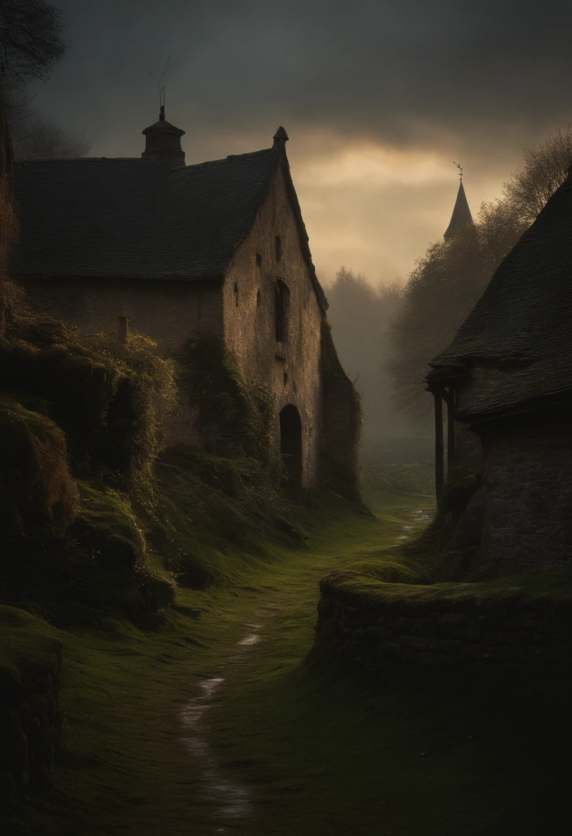 Realist dark oil painting of a medieval village at sunrise, Mossy, Mist, Foggy, Shadows, misterious, Mitris, Dark, Light shines on the woods, Ambient, Depth of field, voluminetric lighting, Cinematic lighting, Moody, Heavy darkness, Black sky, low angle perspective, author:Evan Earle
